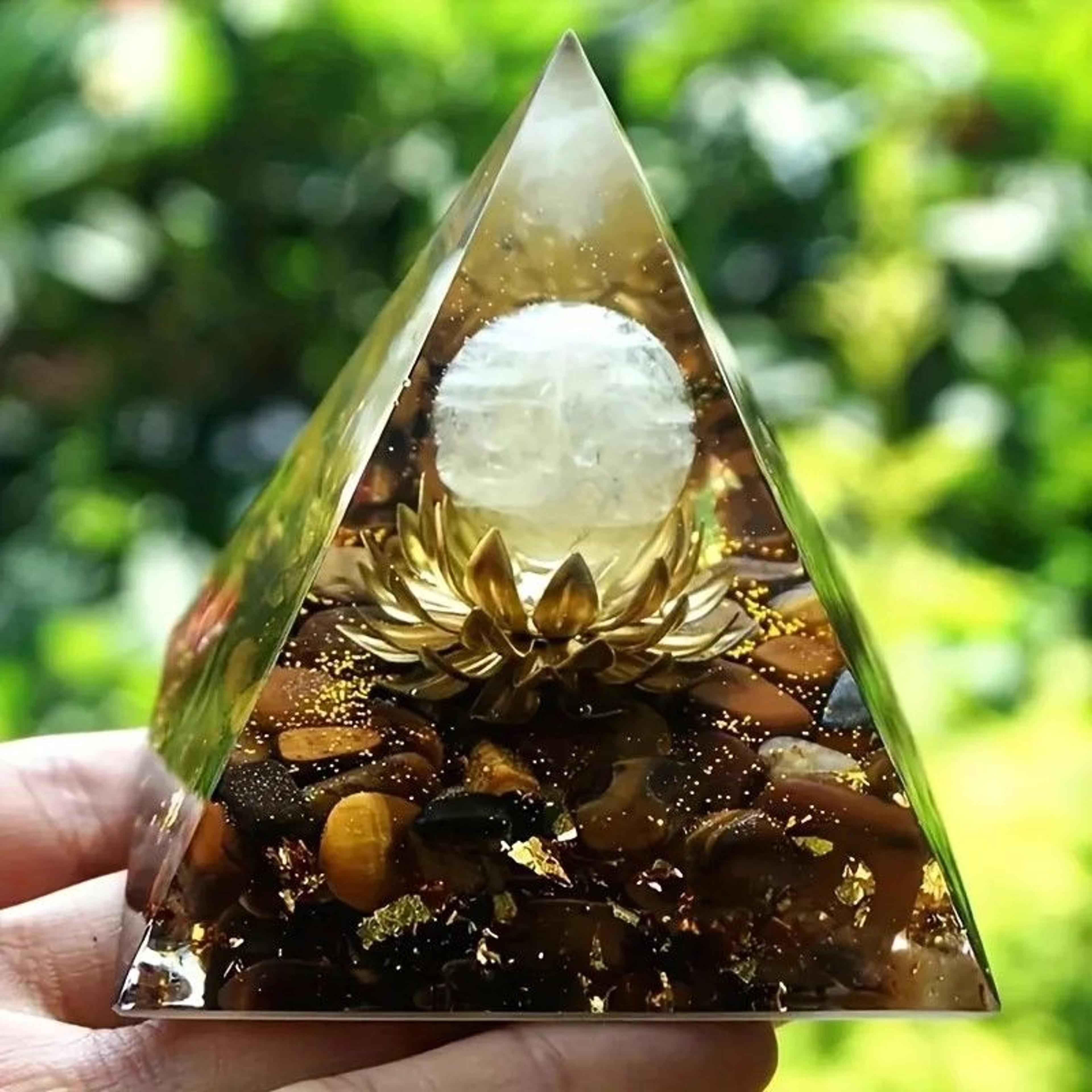 crystal tiger-eye lotus orgone pyramid – positive-energy guide & home harmony