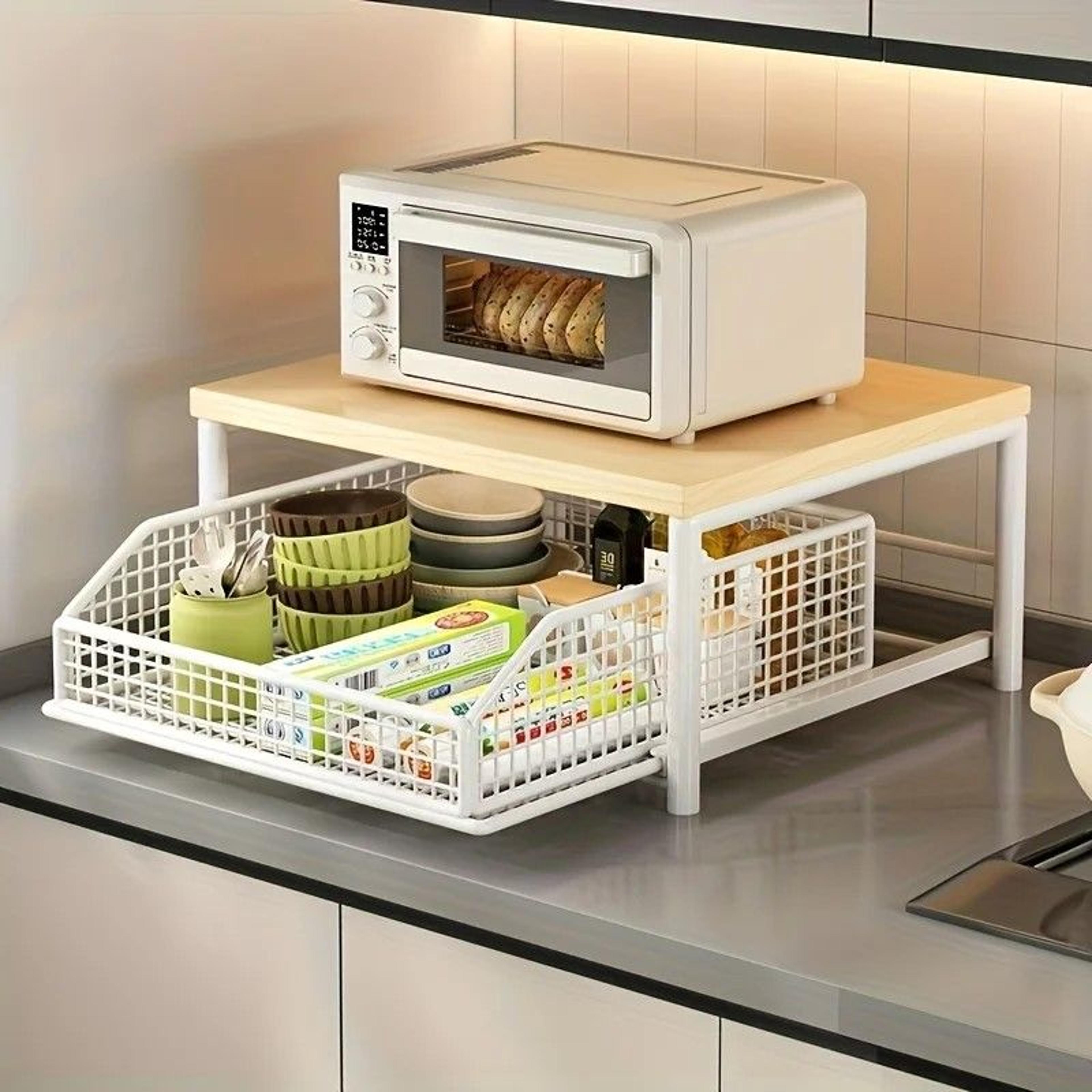 solid-wood & metal countertop microwave rack, space-saving kitchen storage stand