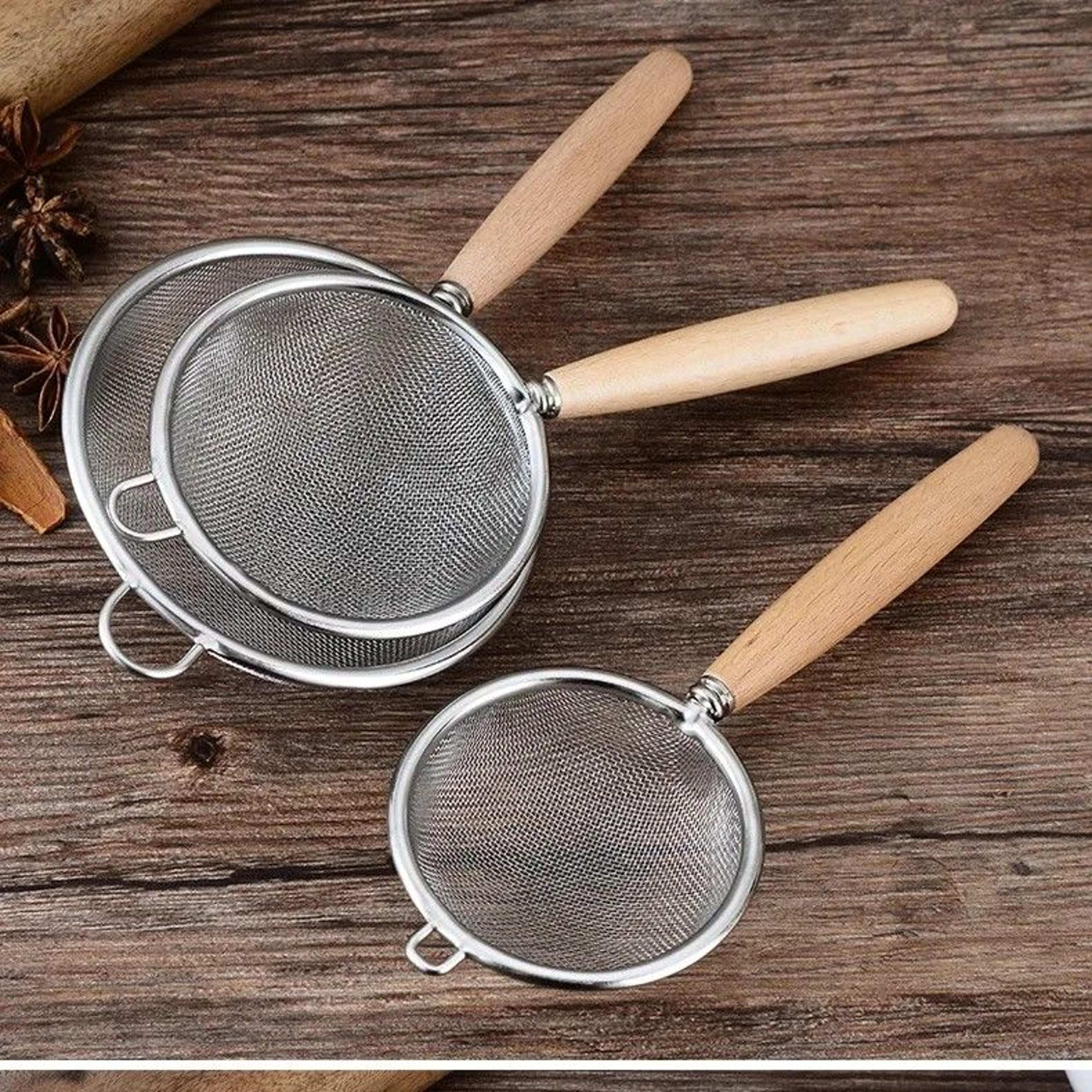 premium 304 stainless steel mesh filter spoon with wooden handle – multi-use kitchen & frying oil skimming sifter