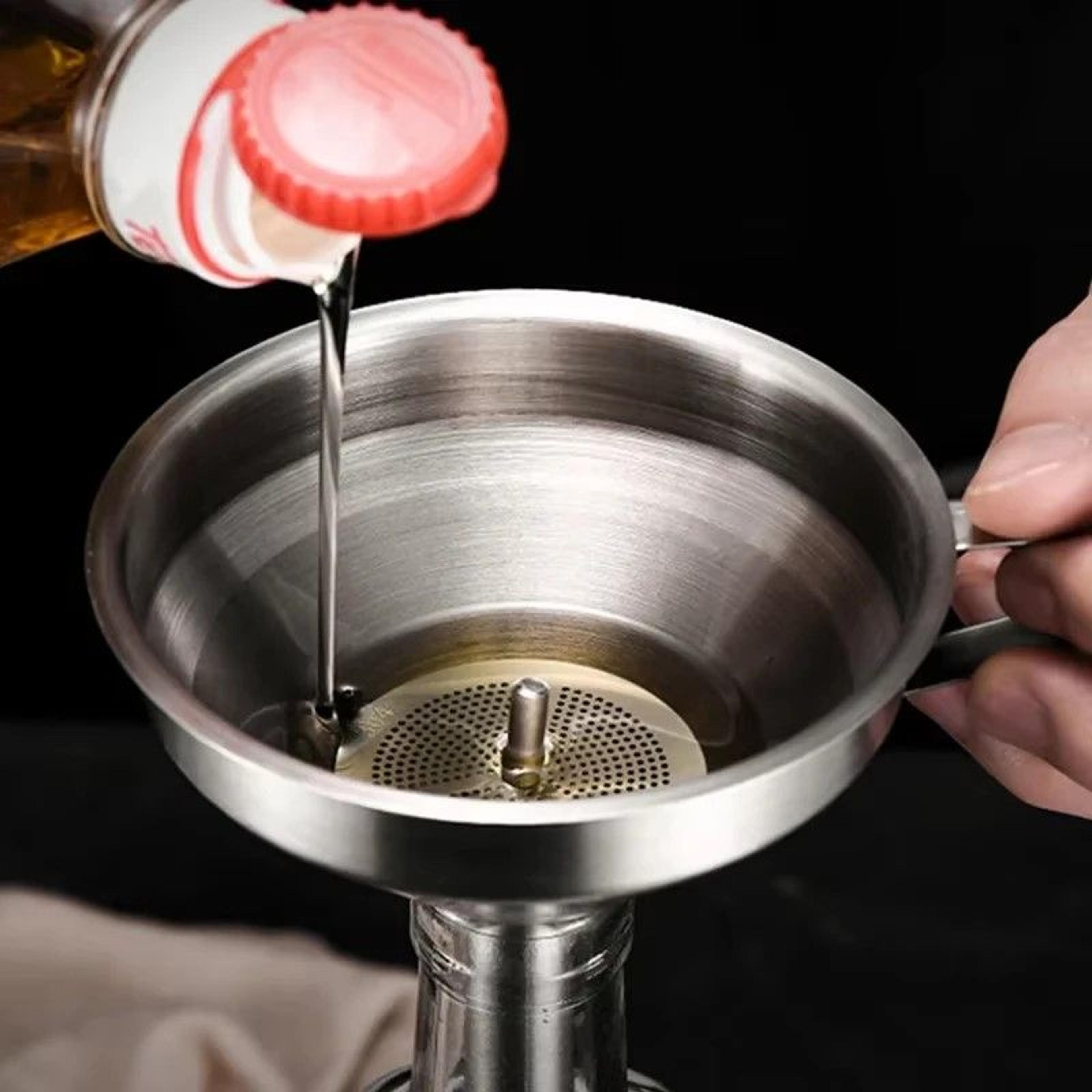 premium 304 stainless steel oil & liquid funnel with strainer – spill-free kitchen transfer tool