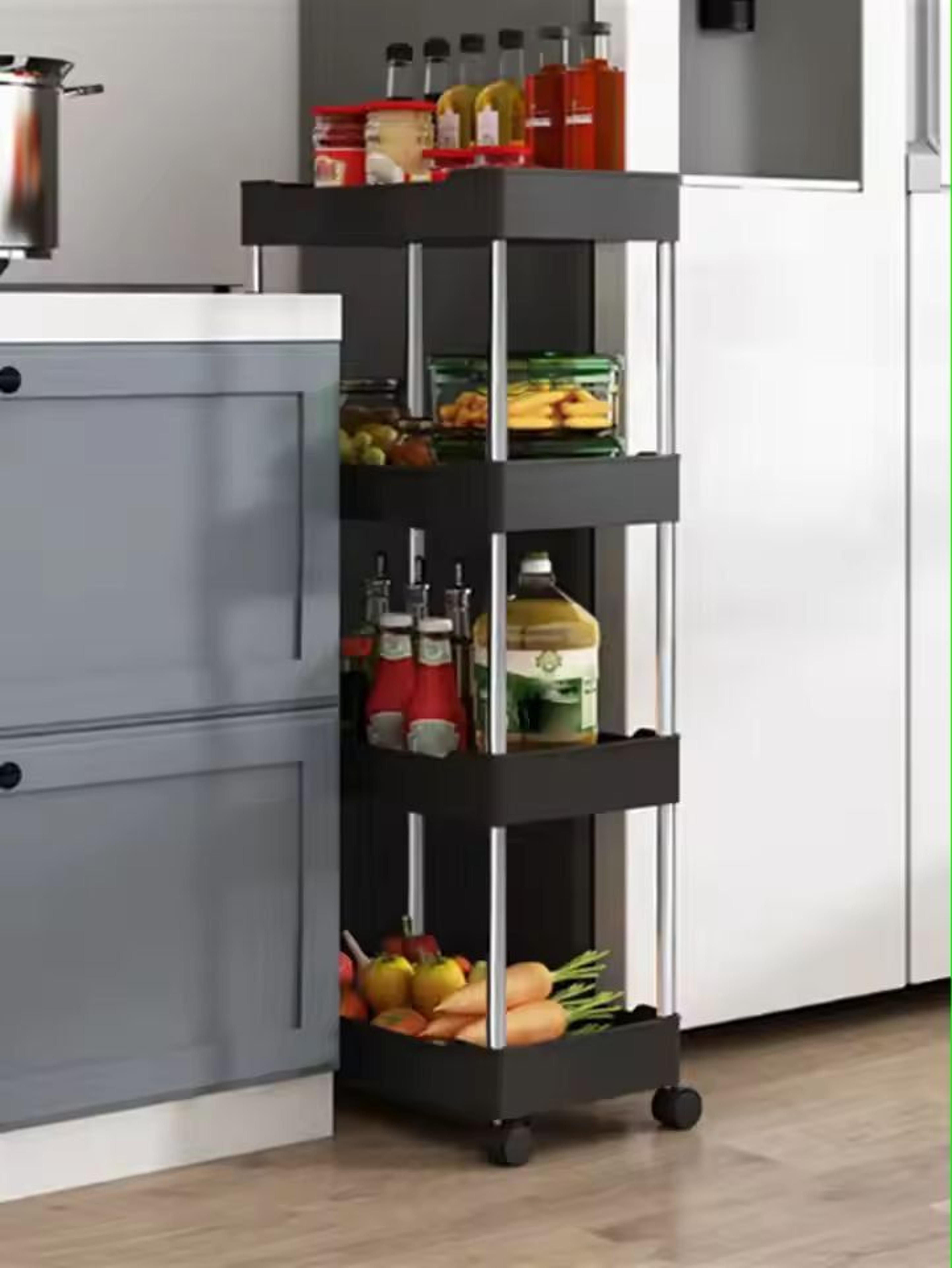 slimspace 3/4-tier rolling storage cart, slim slide-out organizer rack for kitchen & bathroom