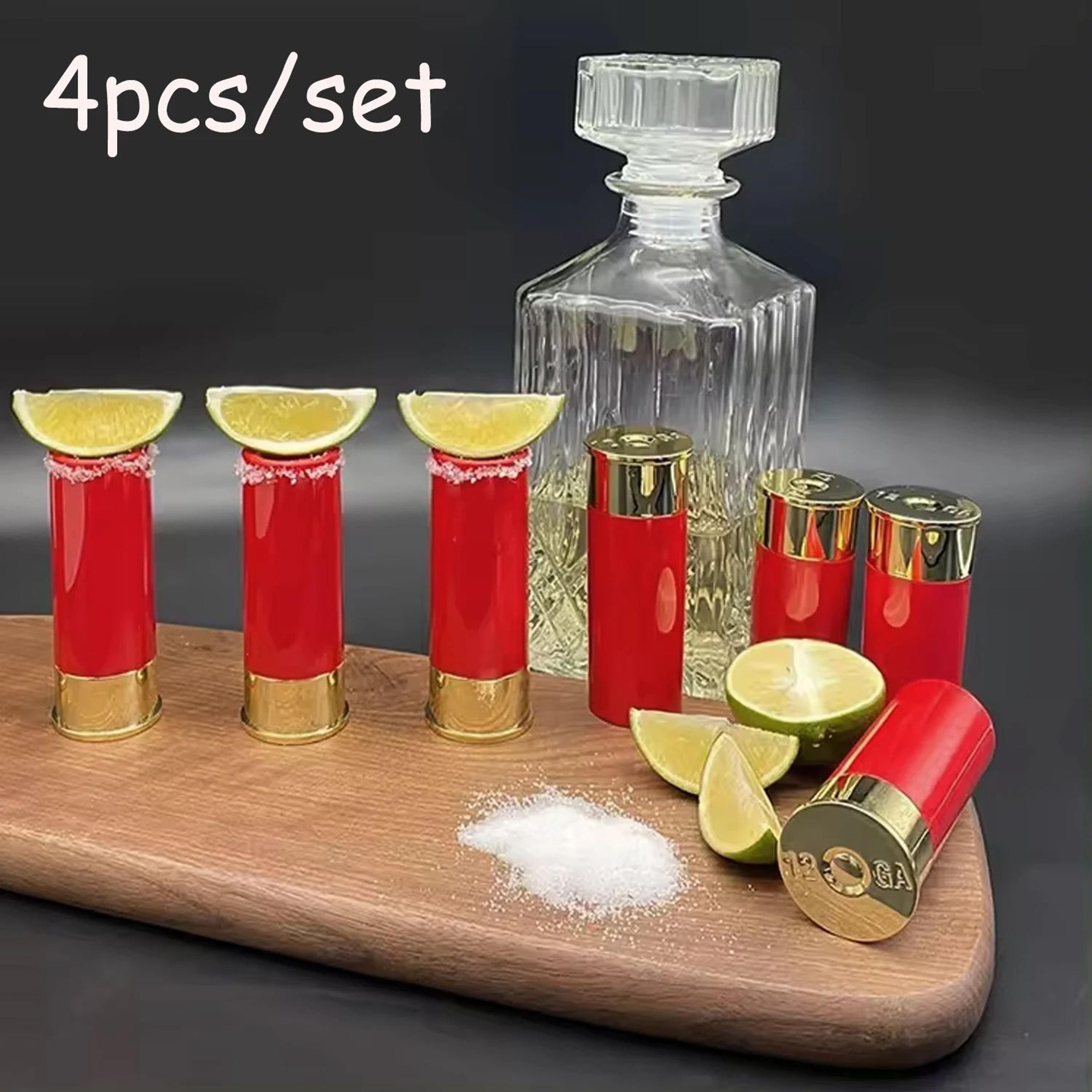 bold-shell shotgun glass set – 4-piece 12-gauge plastic shot glasses