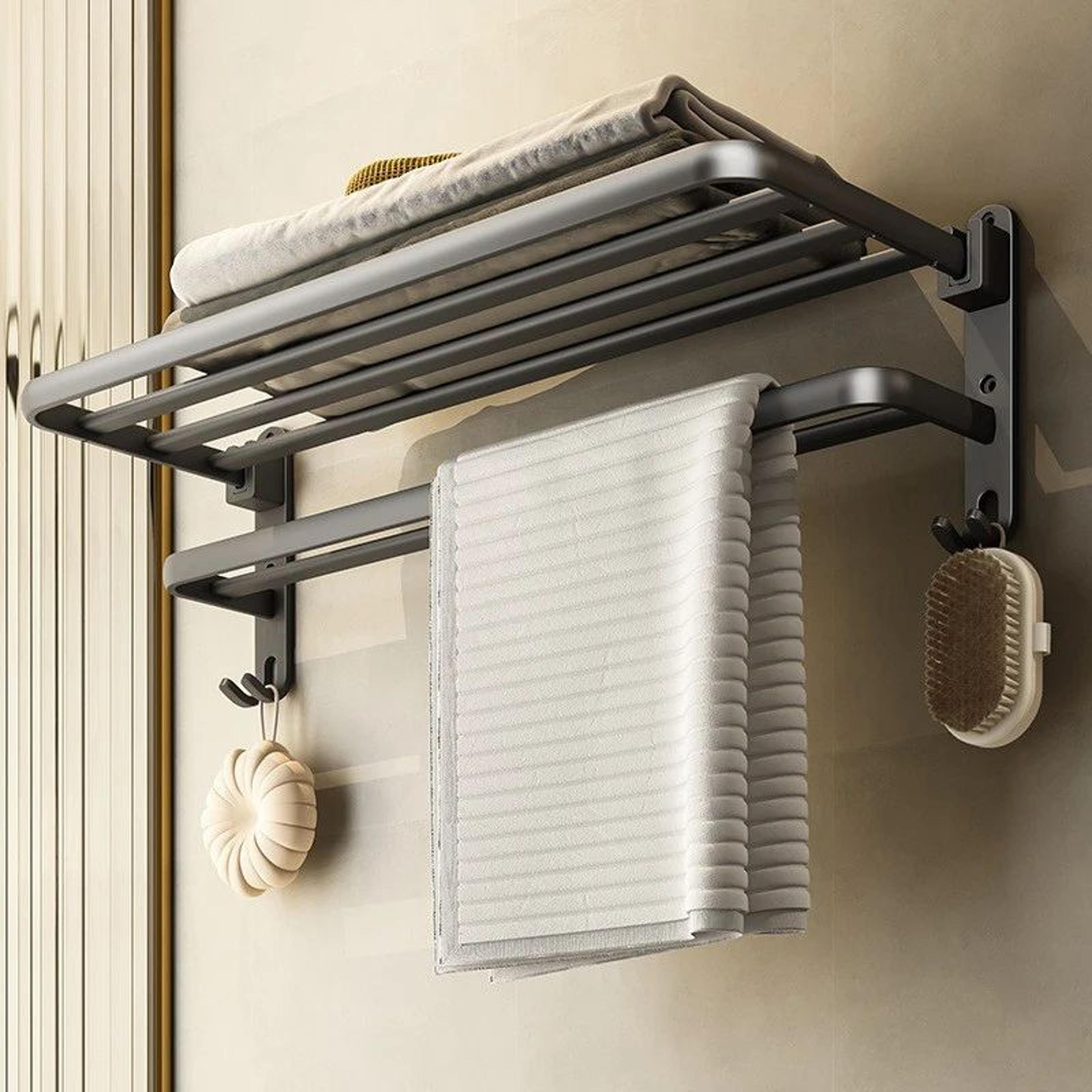 matte-black 20-inch wall-mount foldable towel rack & hook - space-saving bathroom organizer