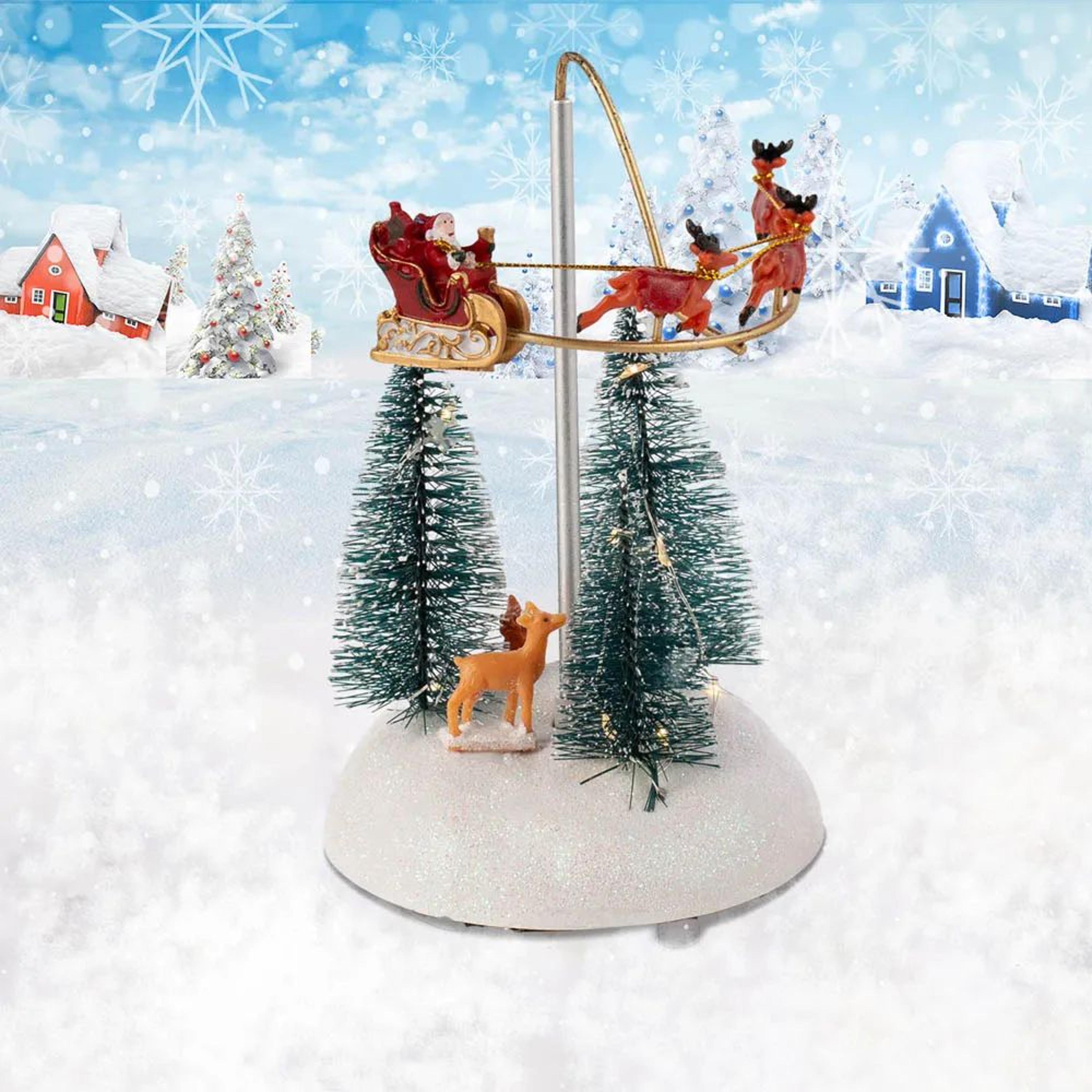 festive flying santa sleigh christmas village led light & music decoration