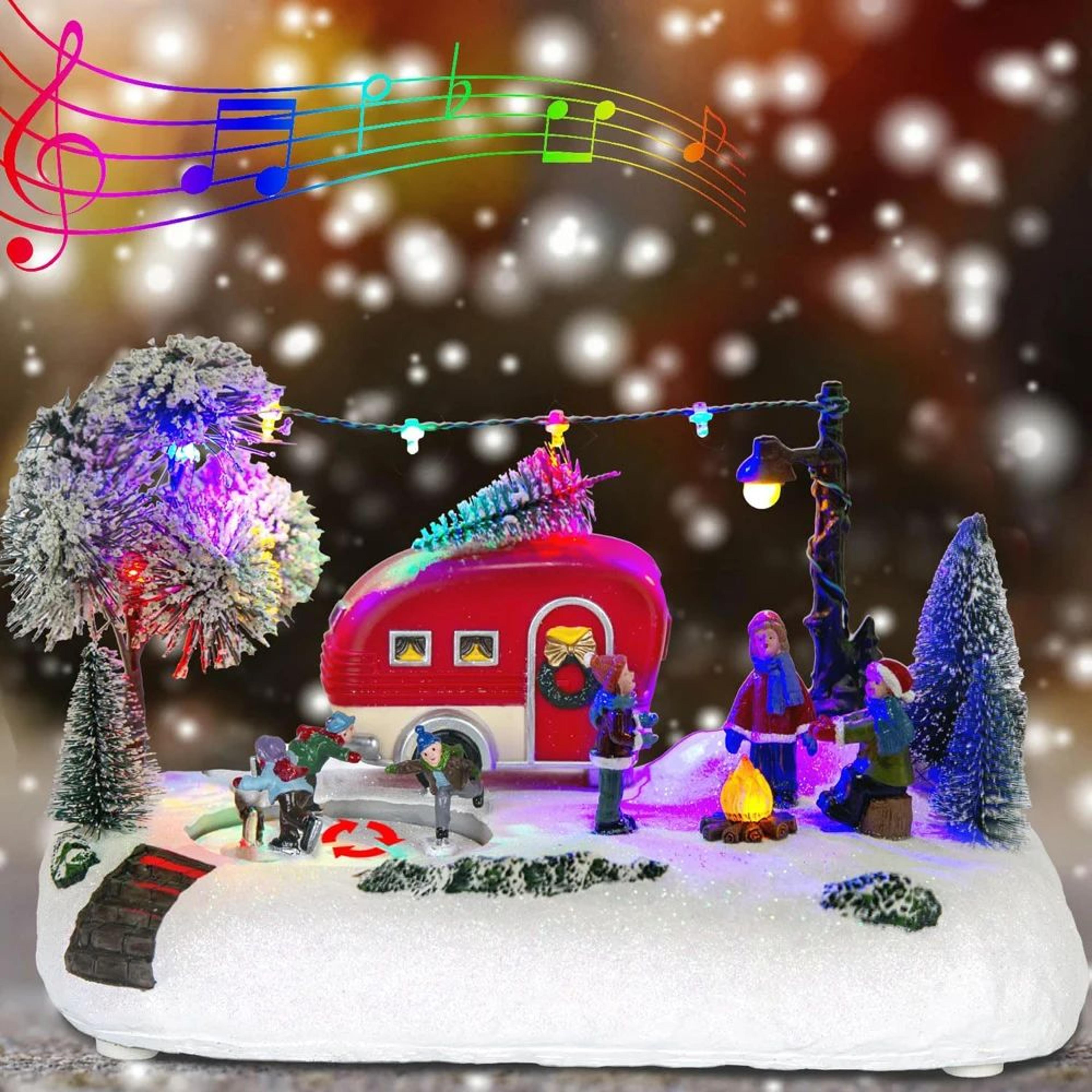 animated christmas camper village led house scene – holiday tabletop display