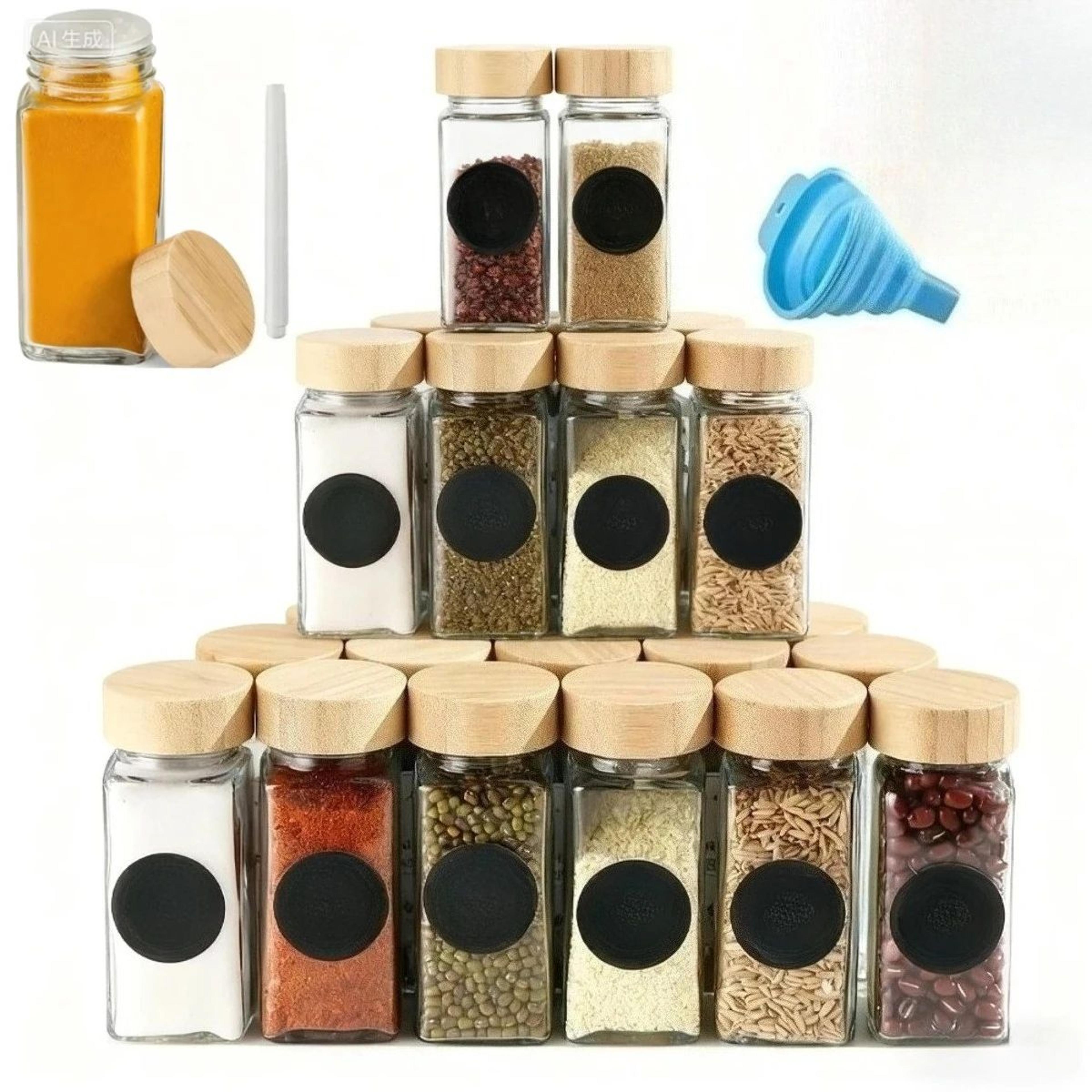 farmhouse 12-piece glass spice jar set with bamboo lids & labels