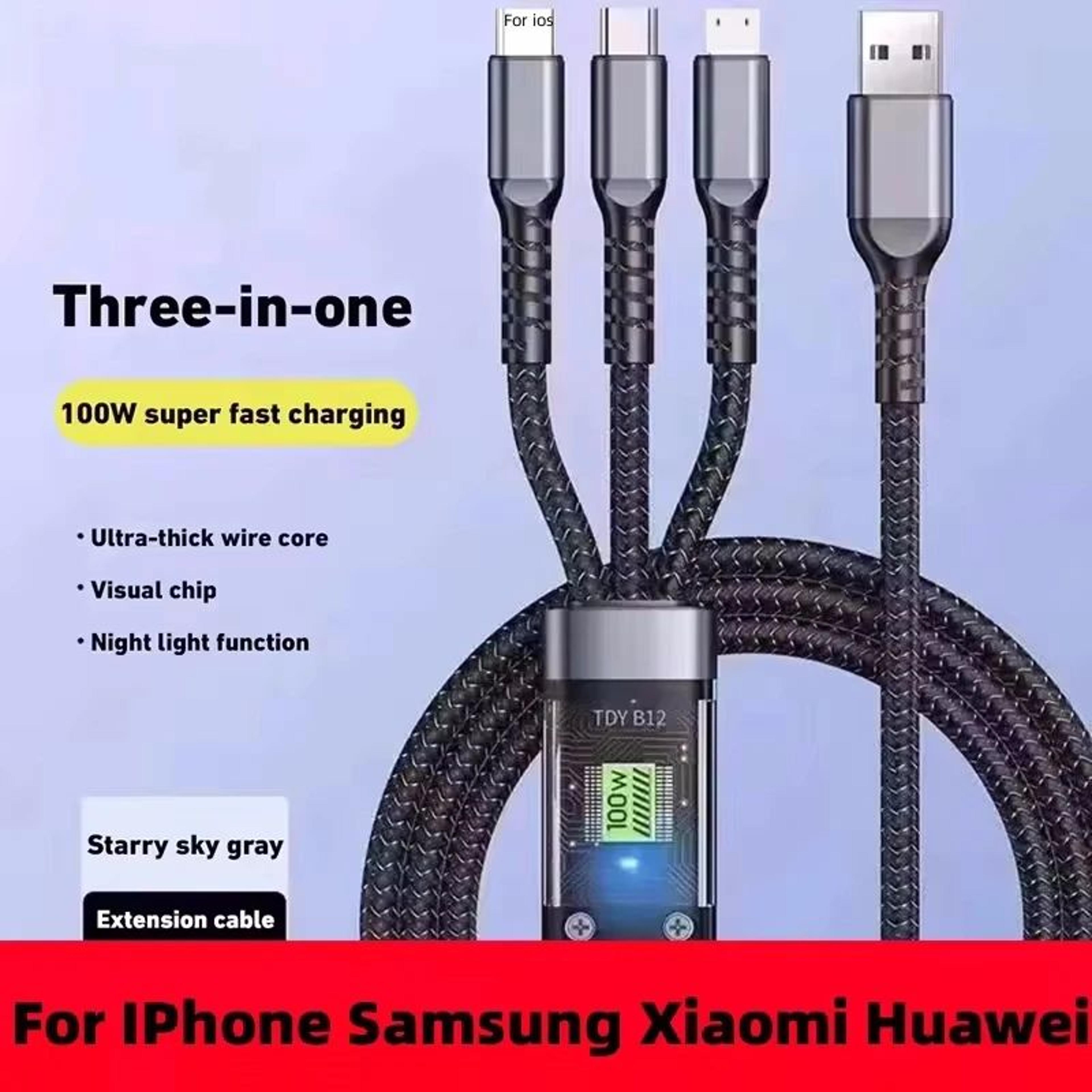 lumiflex 3-in-1 100w fast charging braided cable with led glow