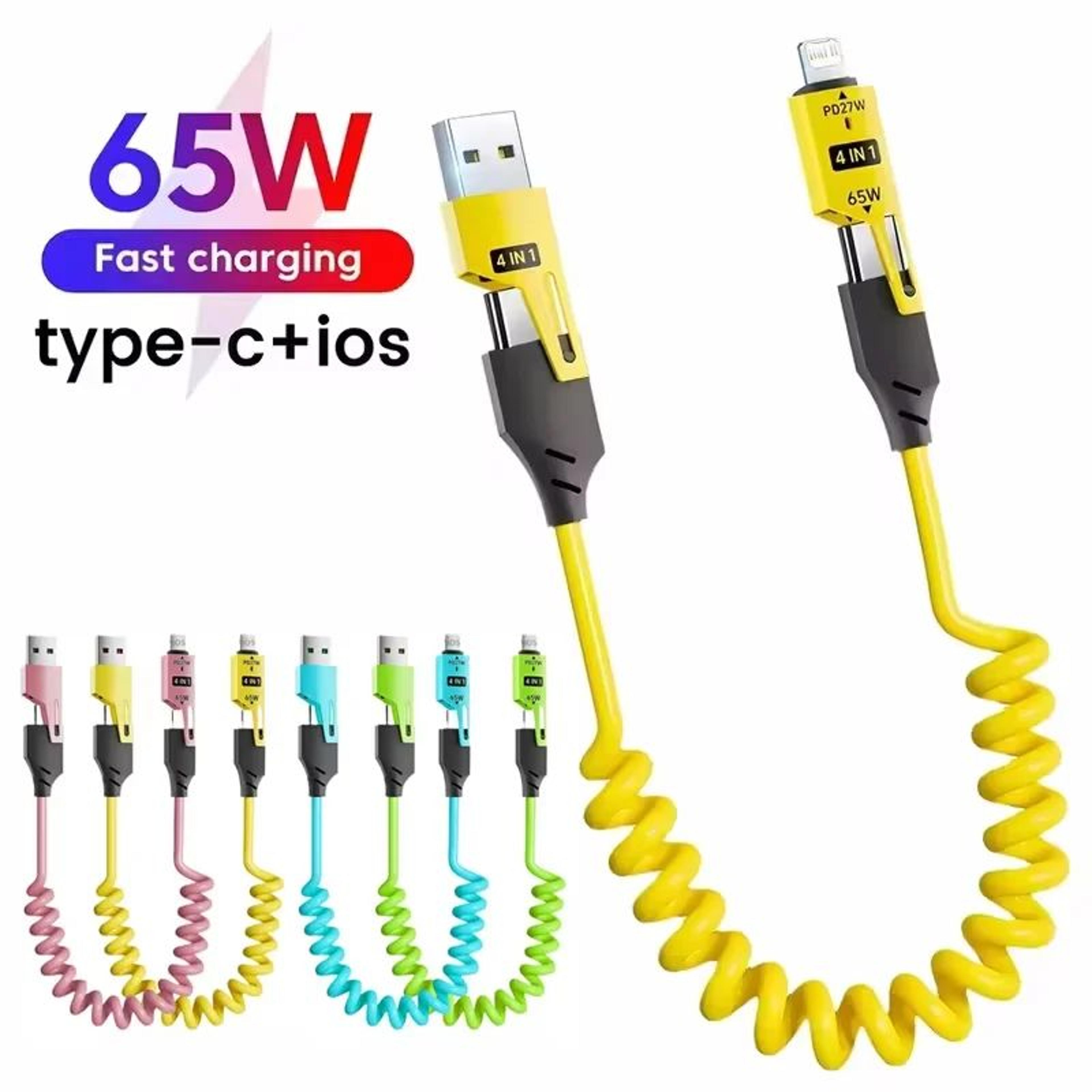 65w 4-in-1 spring usb charging cable with fast charging support