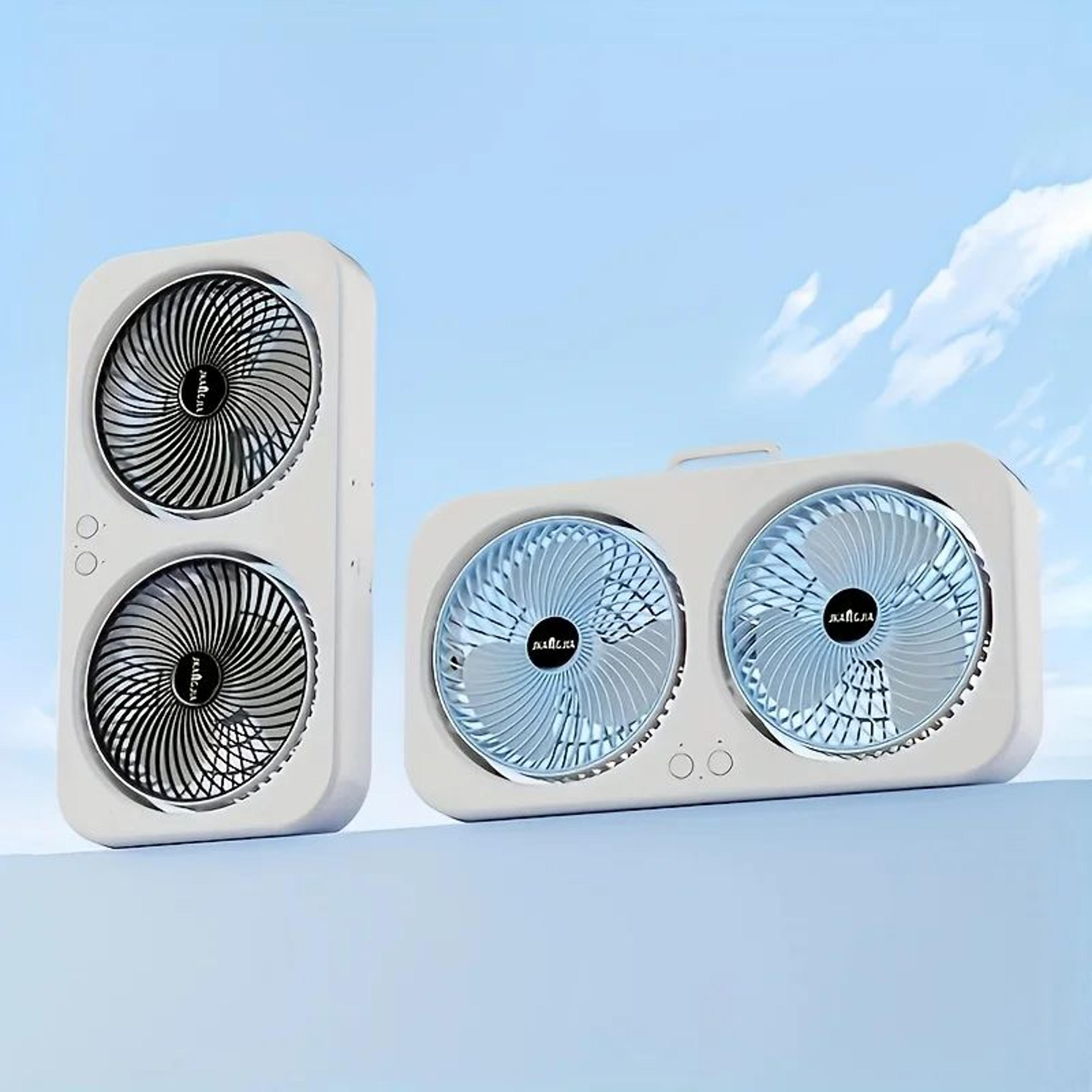 dual head usb fan – 360° rotating rechargeable desk fan with wall-mount or freestanding design