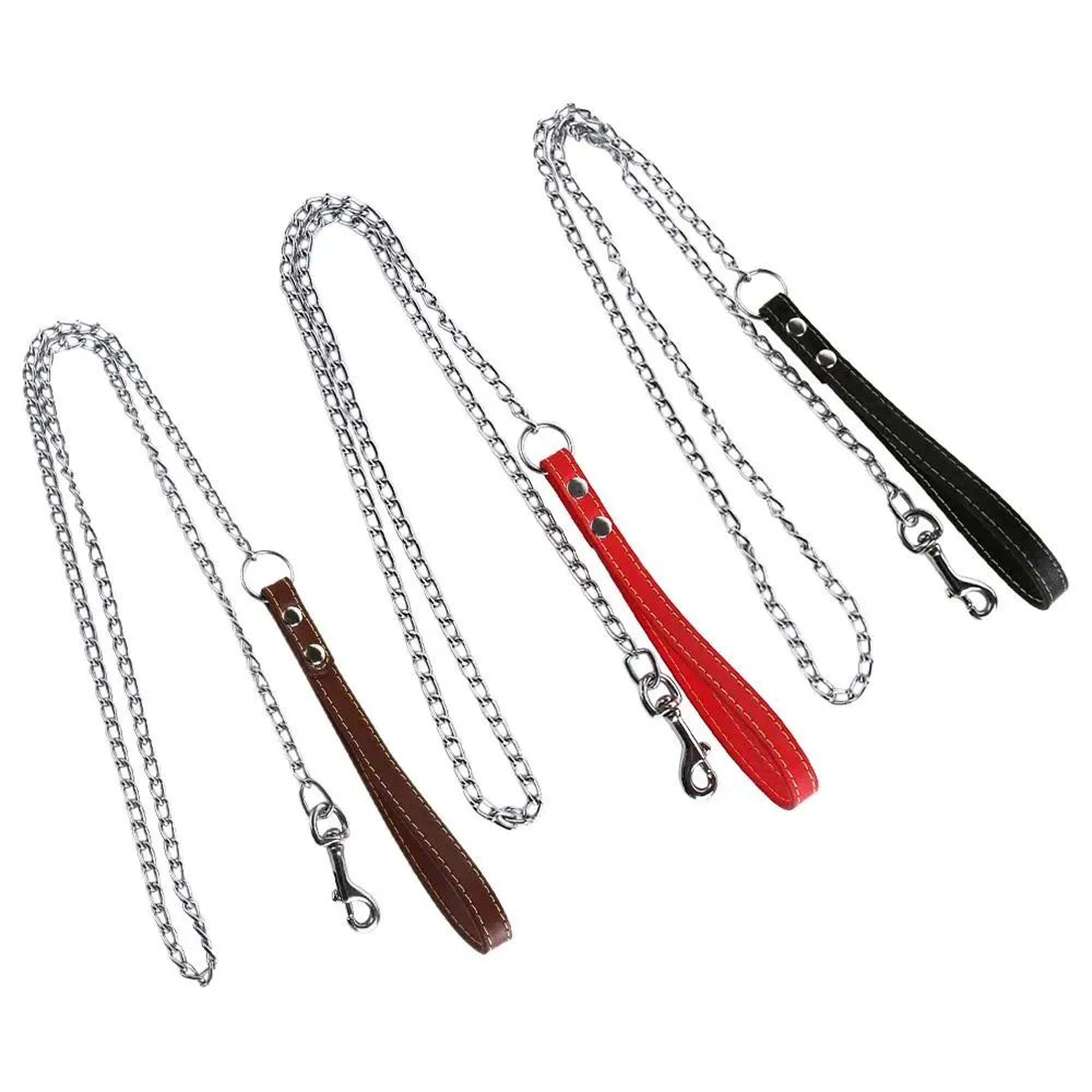 heavy duty metal chain dog leash with leather handle - chew-proof strong dog lead for powerful walks