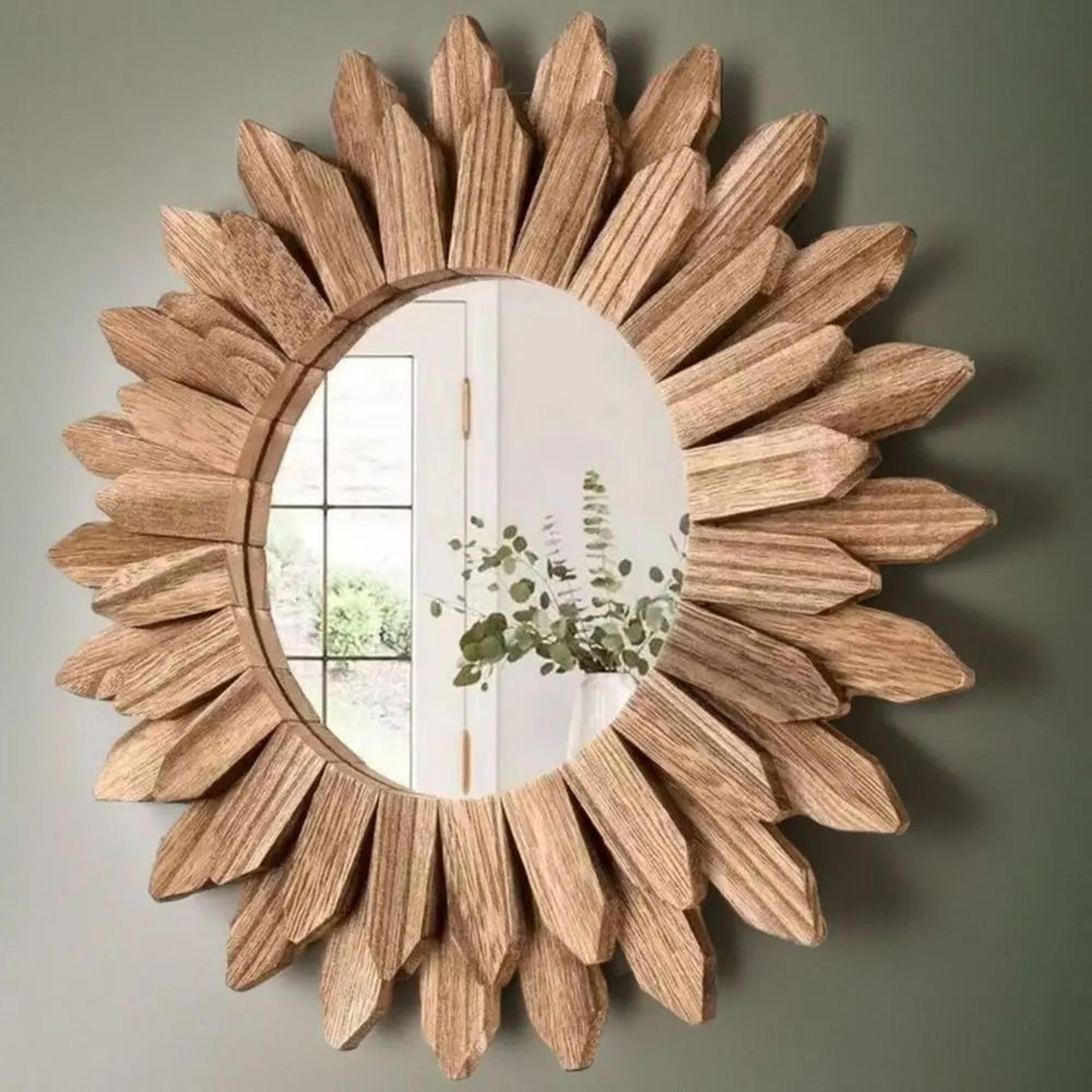 12-inch rustic wood wall mirror – farmhouse sunburst decorative vanity mirror