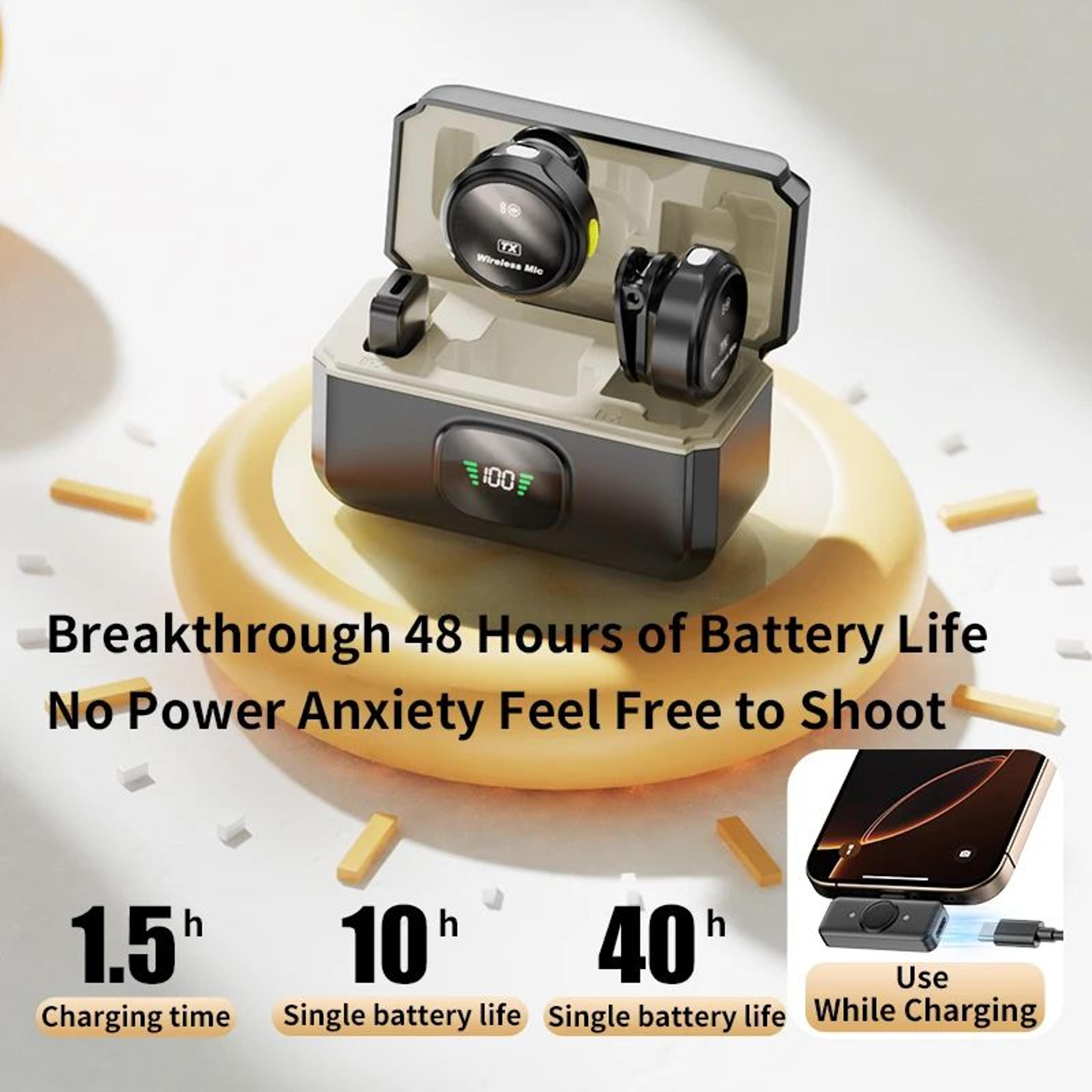 magnetic wireless lavalier microphone with noise reduction & digital display charging case for iphone and android