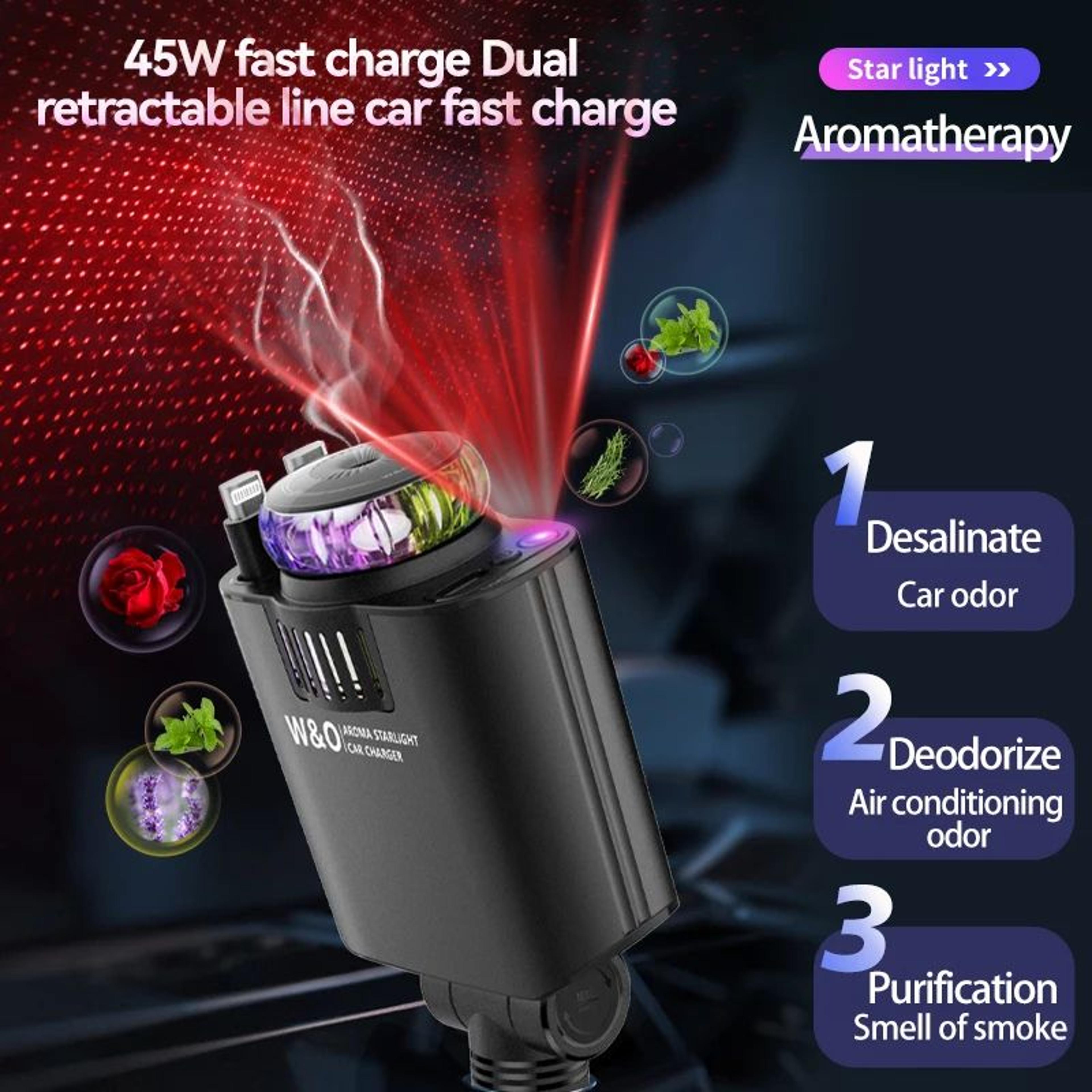 retractable car charger 45w pd fast charger with usb-c, starlight roof glow & aromatherapy