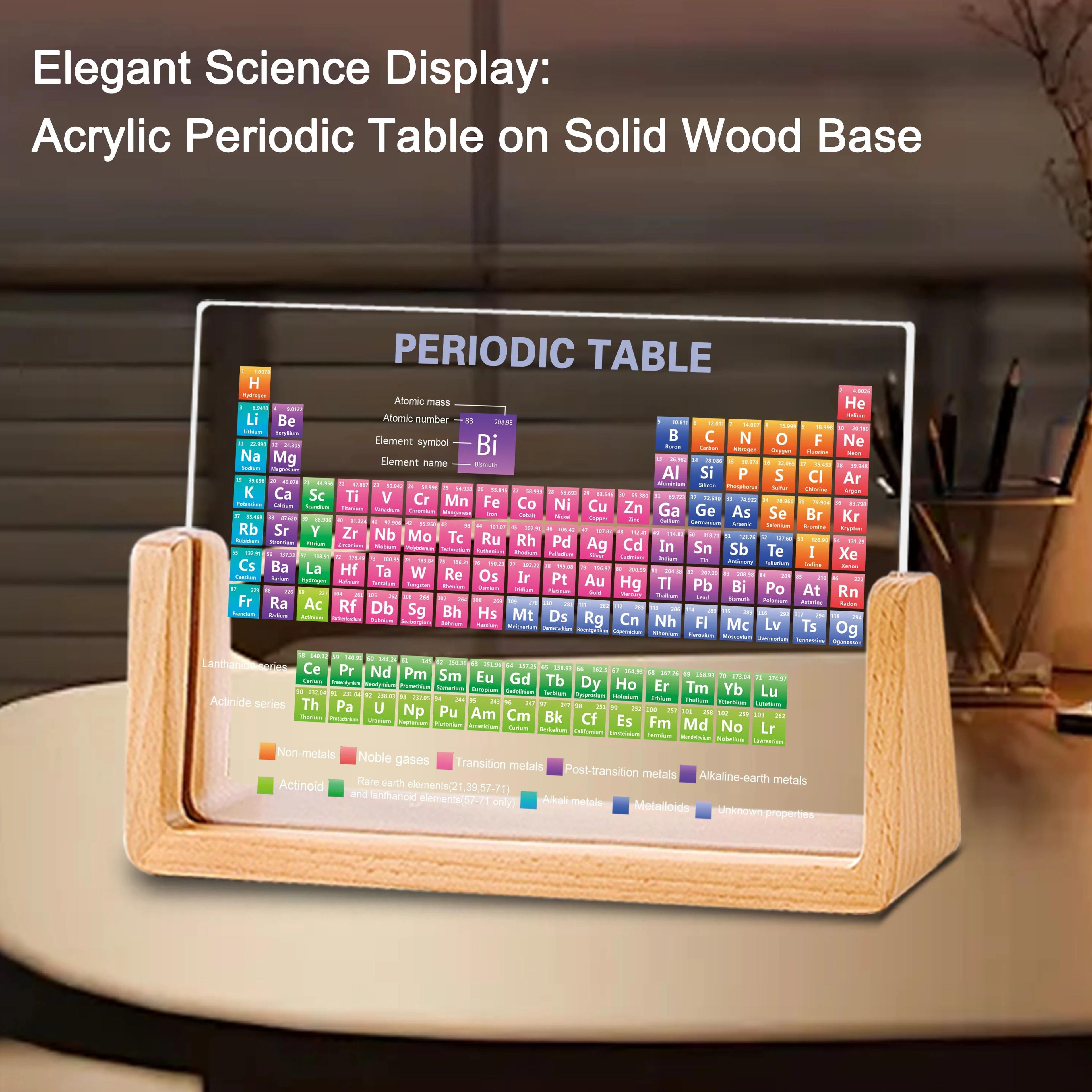 acrylic periodic table with real elements and wooden base