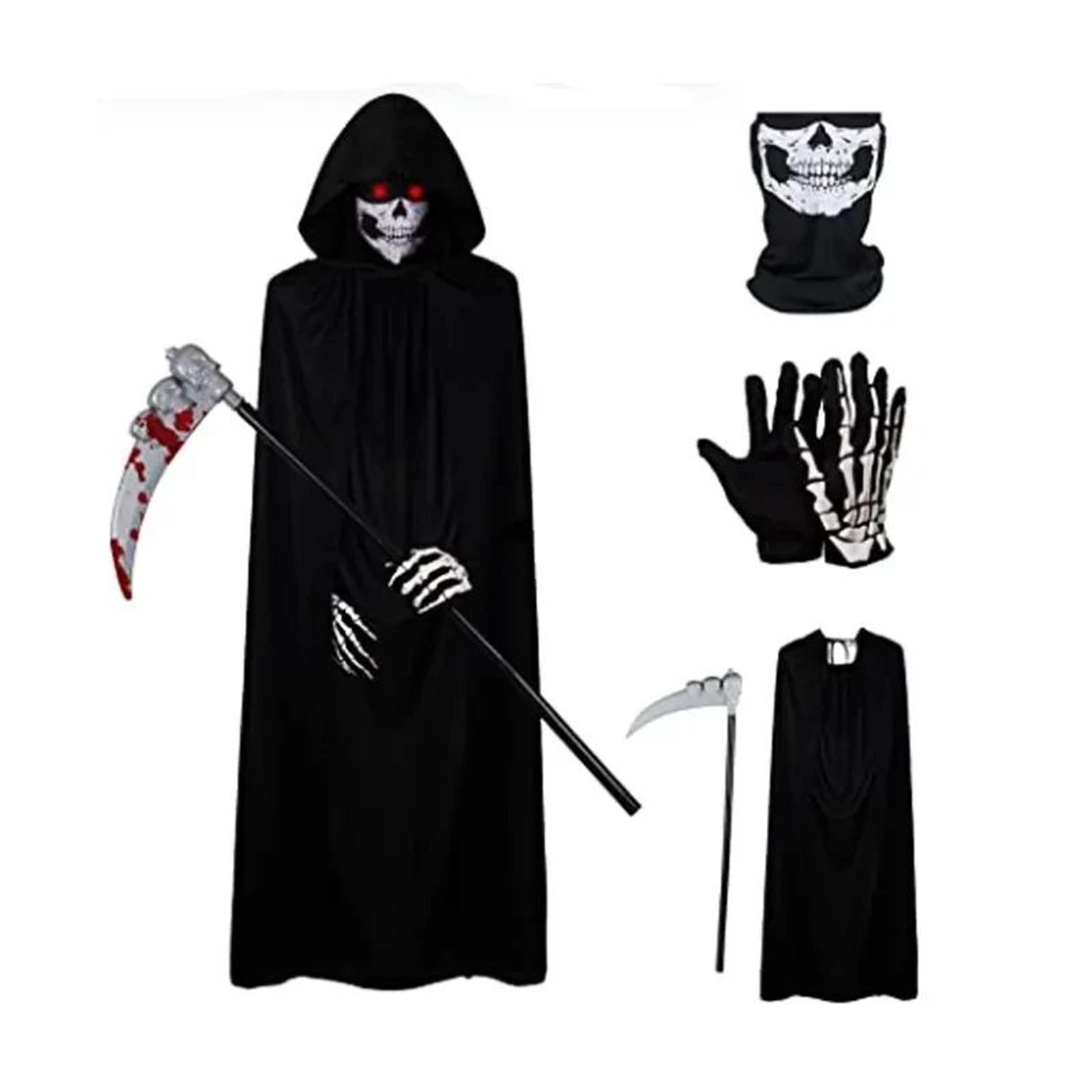 grim reaper costume set with hooded black cloak & skeleton prop – halloween cosplay for kids & adults
