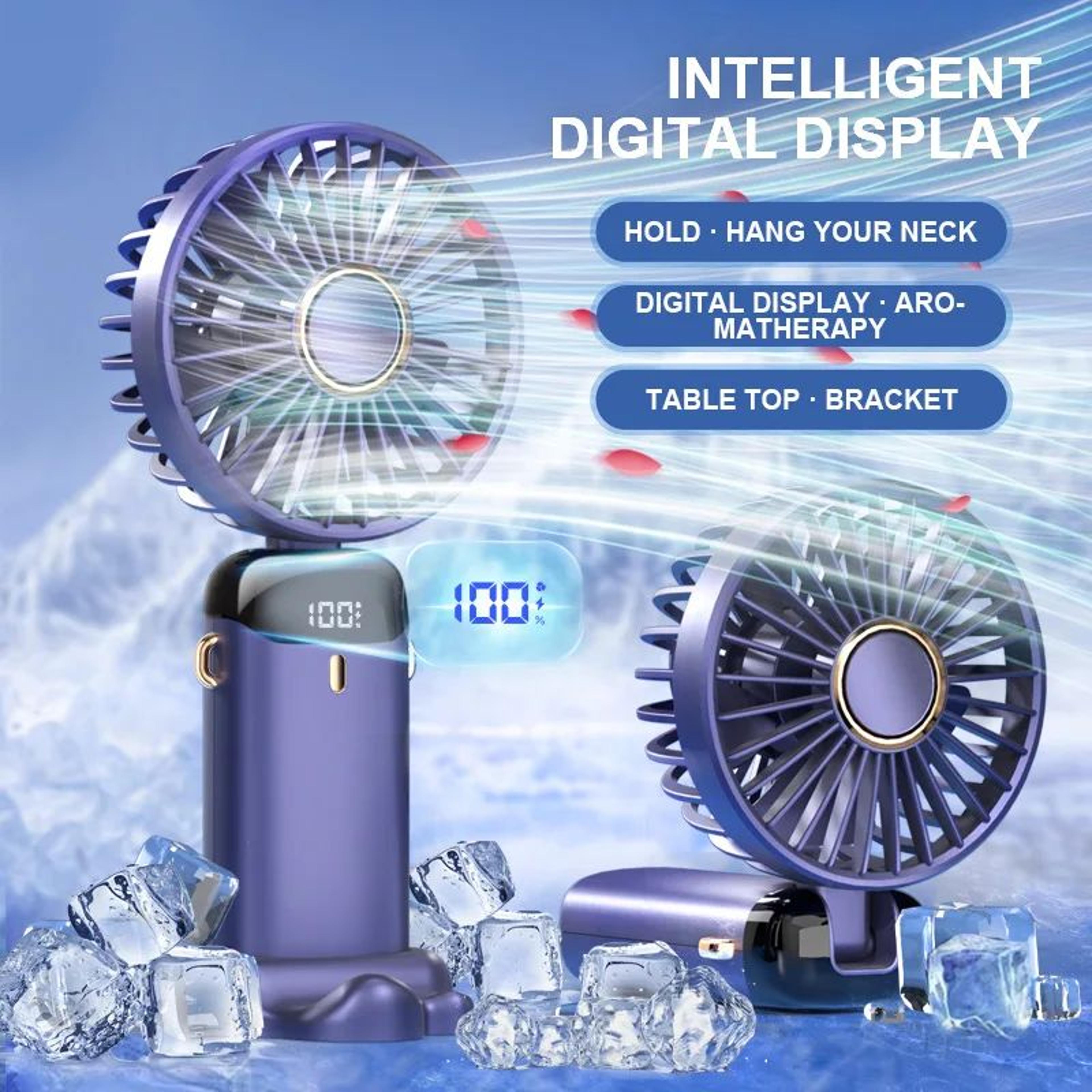 foldable handheld fan with phone stand & display, 5-speed usb rechargeable mini fan for travel & daily cooling