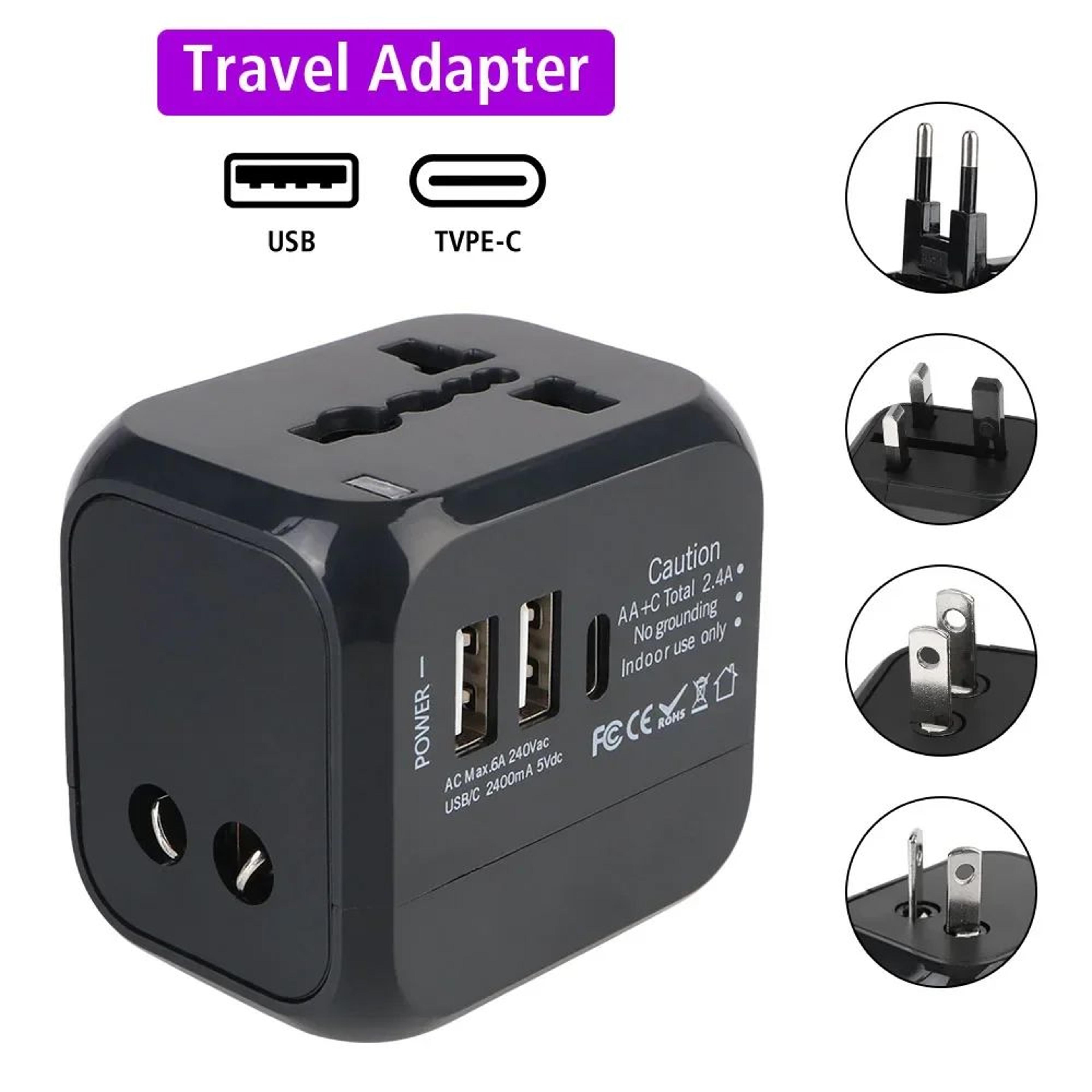 universal travel adapter with usb-c + dual usb ports (us/eu/uk/au) fast worldwide charger