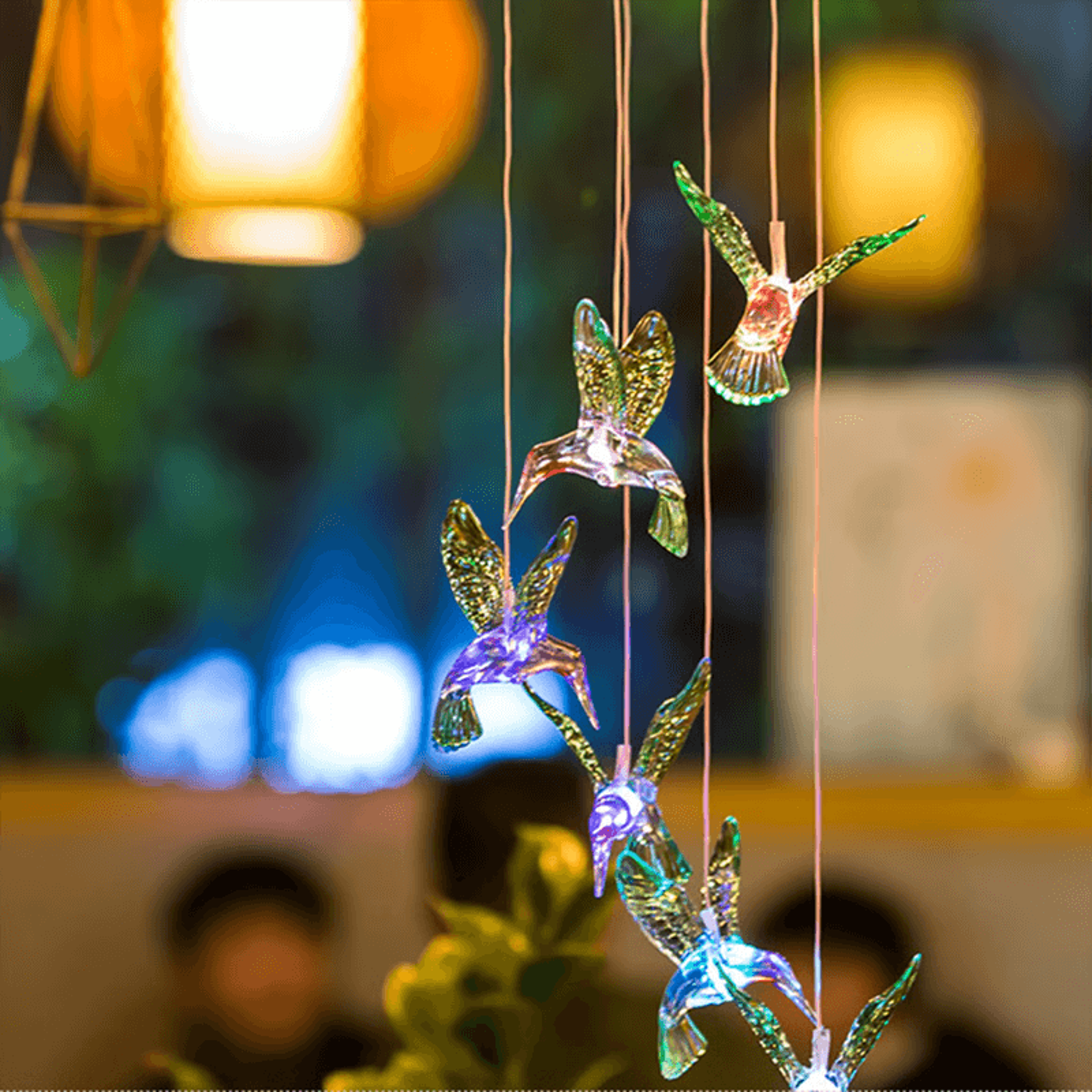 solar hummingbird wind chime light, waterproof color-changing led lantern for garden decor