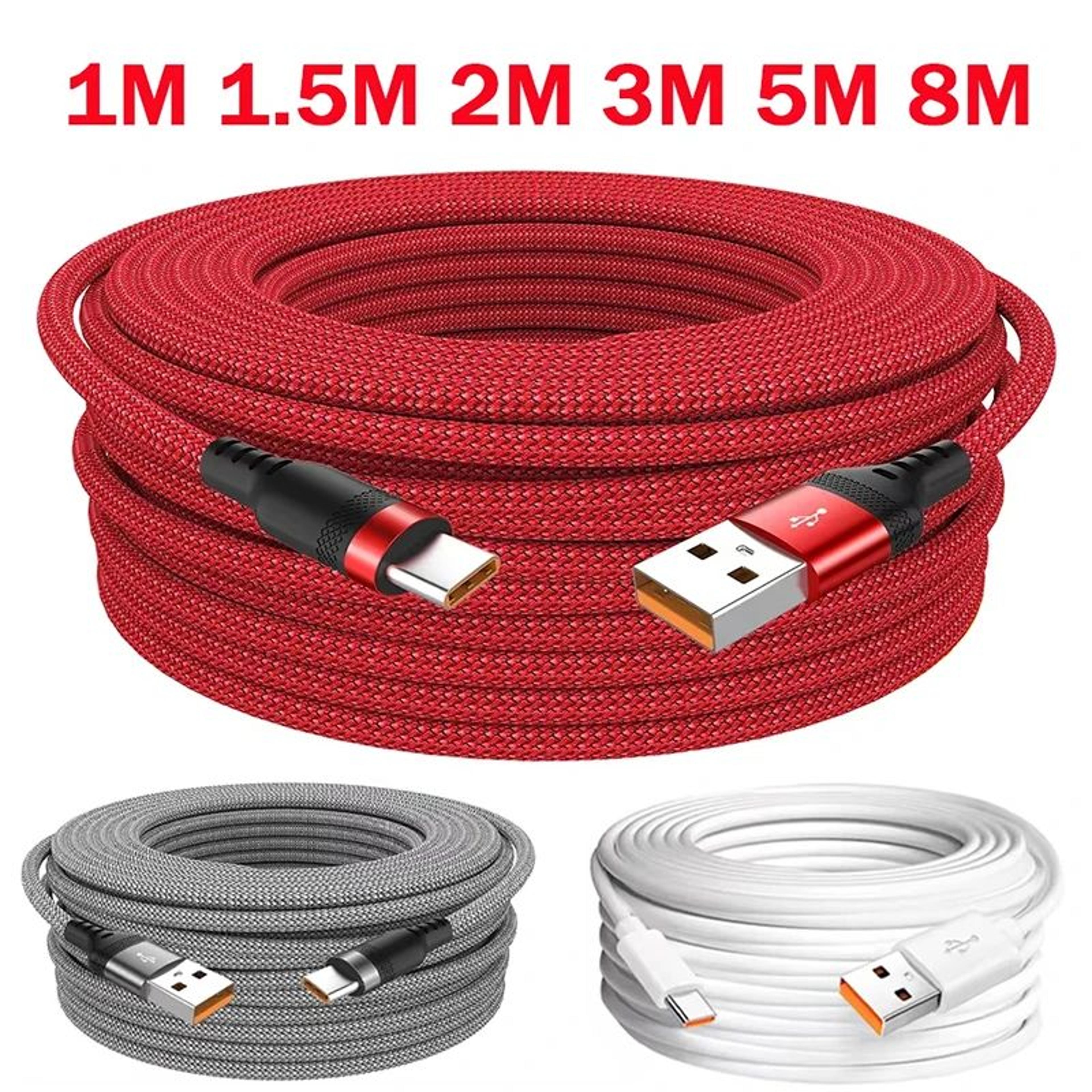 extra-long usb-c fast charging cable (1m–8m) – durable type c charging cord for android data & power