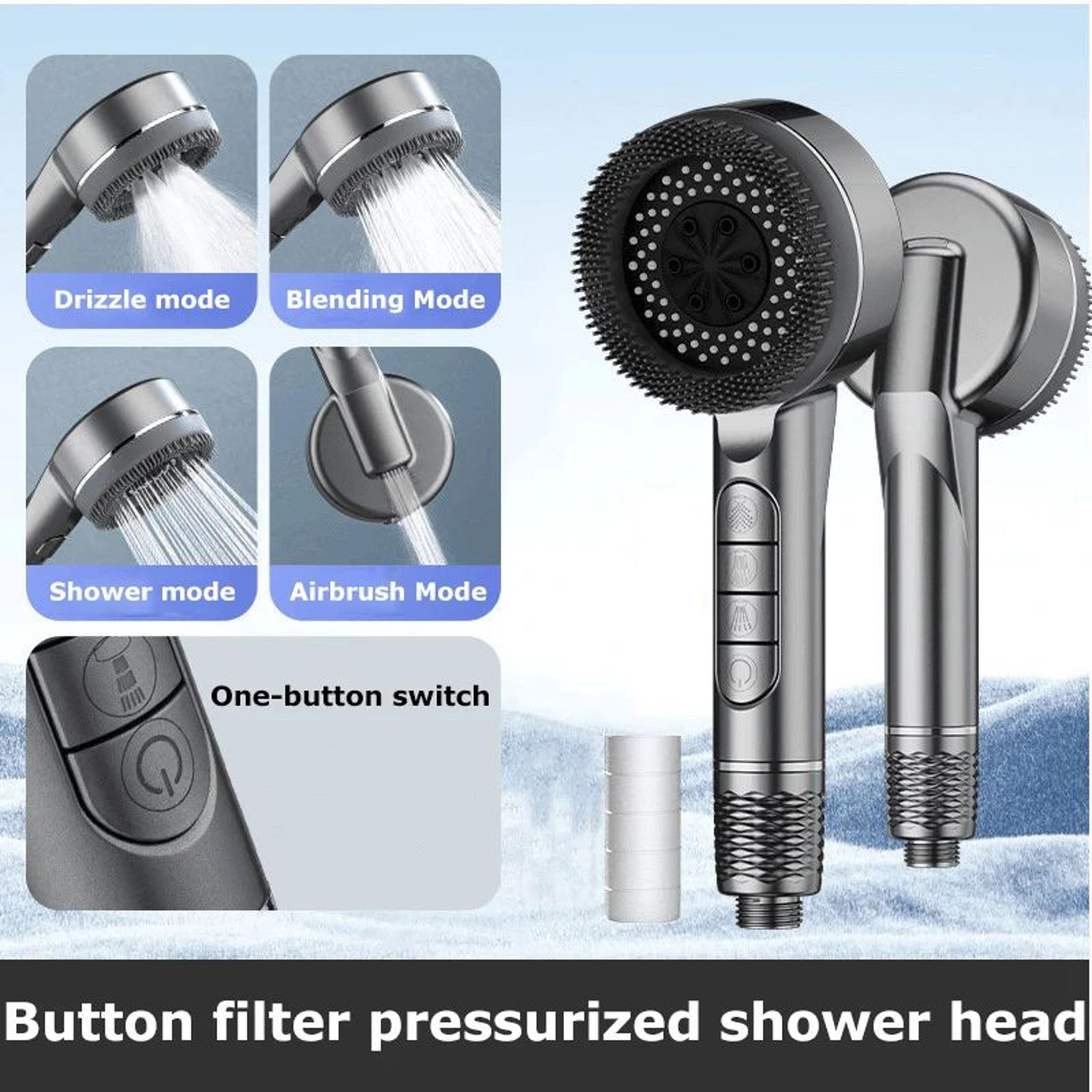 high pressure filtered shower head with 4 spray modes + anti-leak water-seal boost system