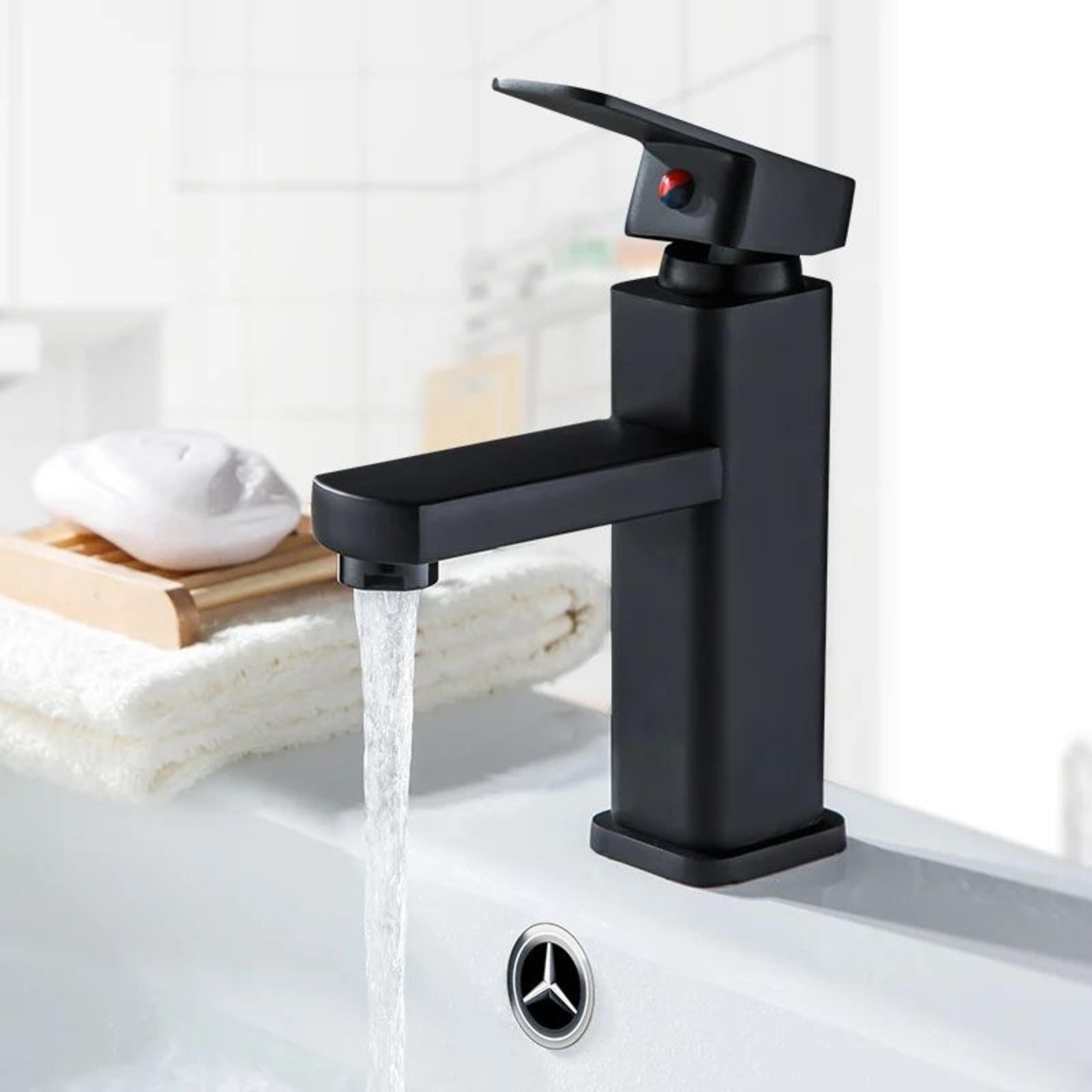 modern matte black stainless steel square hot and cold basin faucet - sleek kitchen & bathroom mixer tap