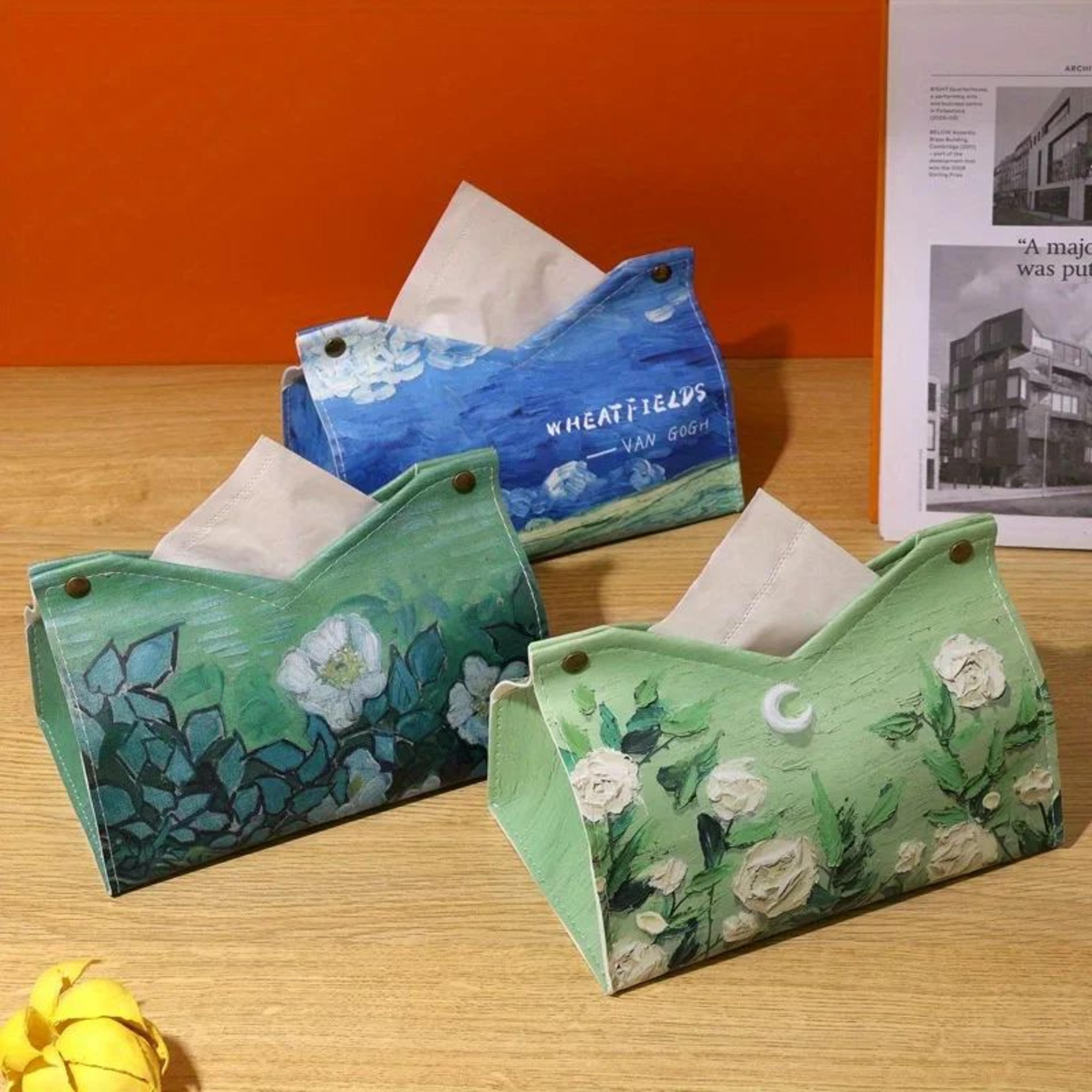 moonlight rose 3d oil painting tissue box cover - faux leather luxury tissue box holder for home & car