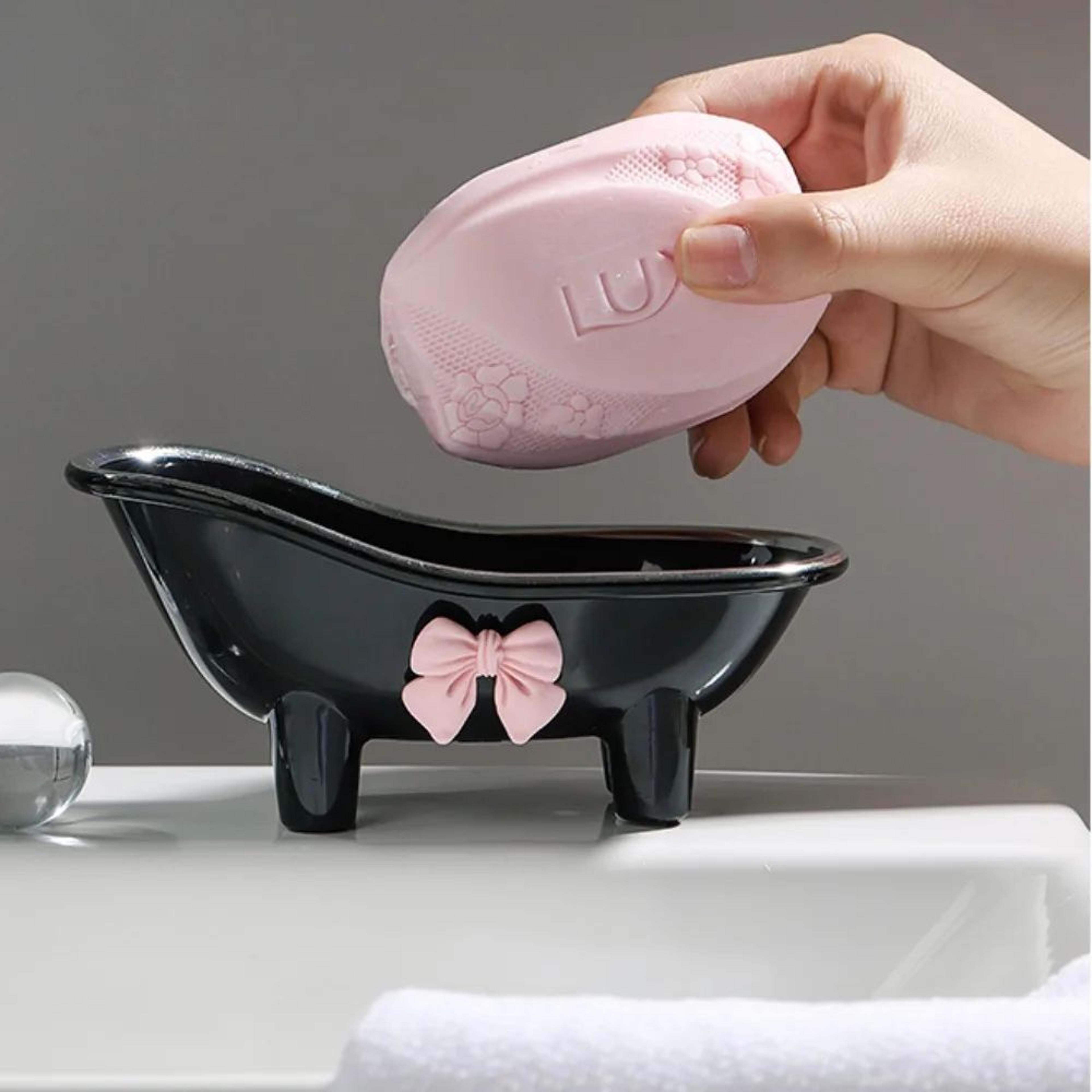 mini bathtub soap dish with bow – draining cute soap holder for bathroom countertop