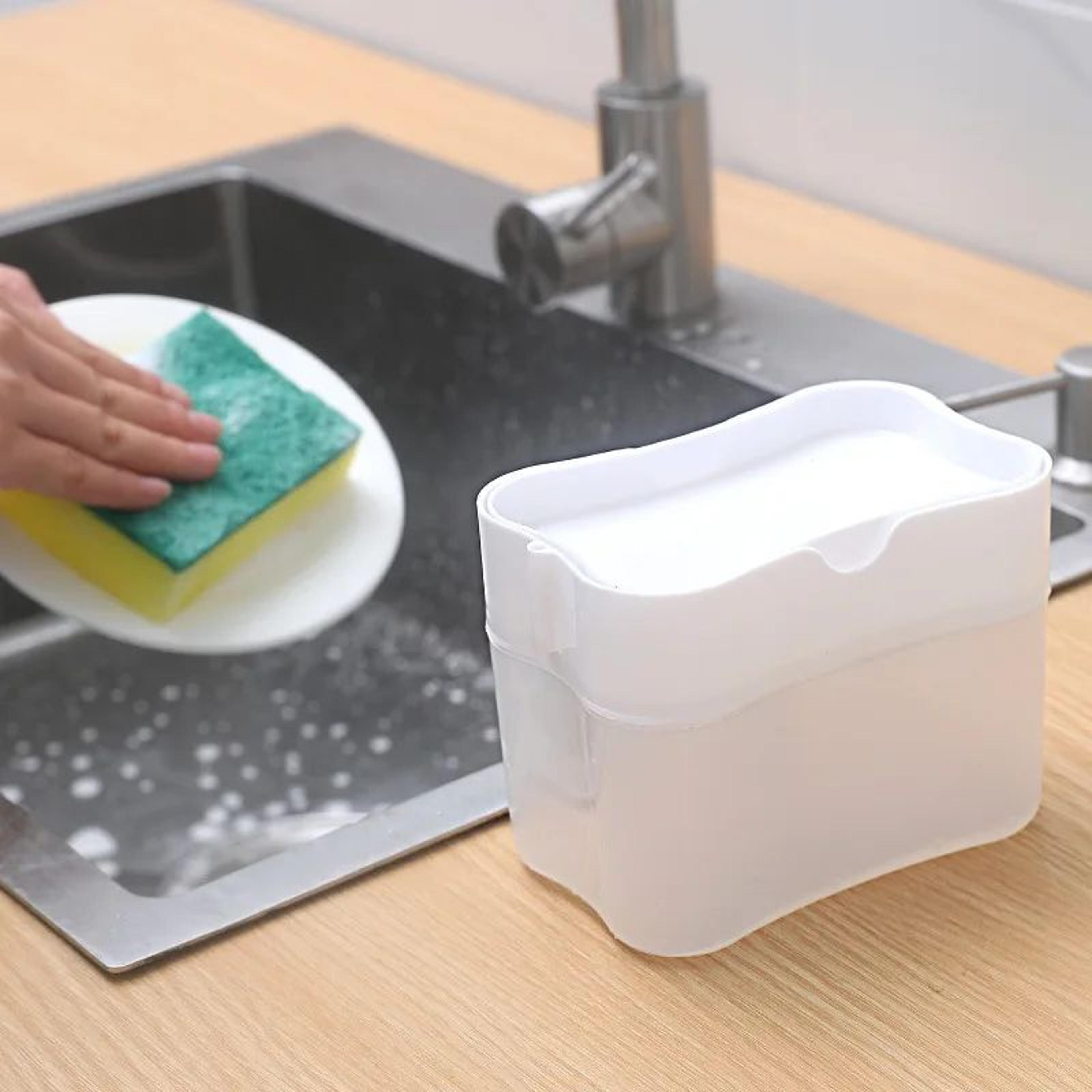 metallic silver kitchen sink soap dispenser with sponge holder, space-saving soap pump caddy