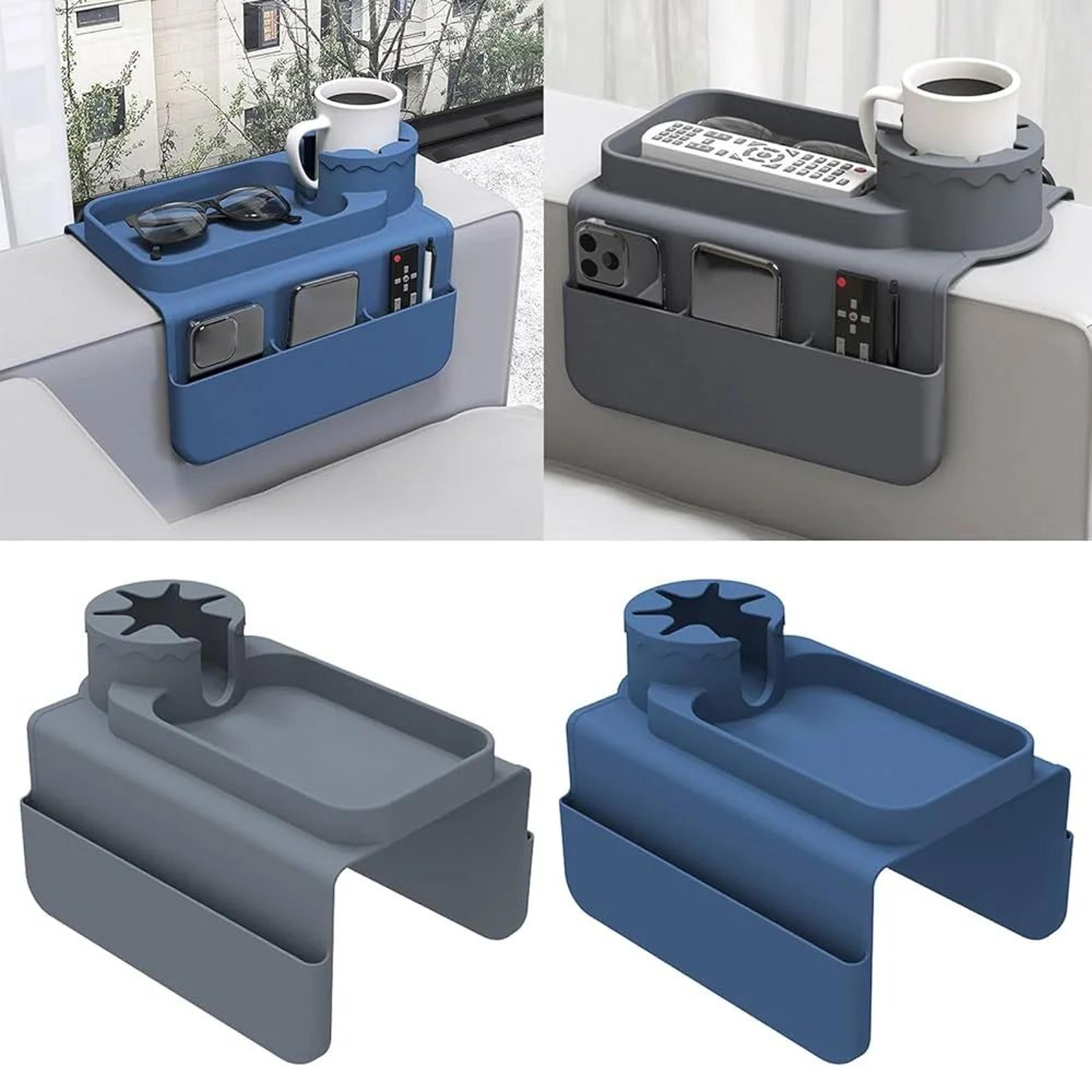 silicone couch cup holder tray with side pockets, anti-slip sofa armrest tray & couch arm organizer