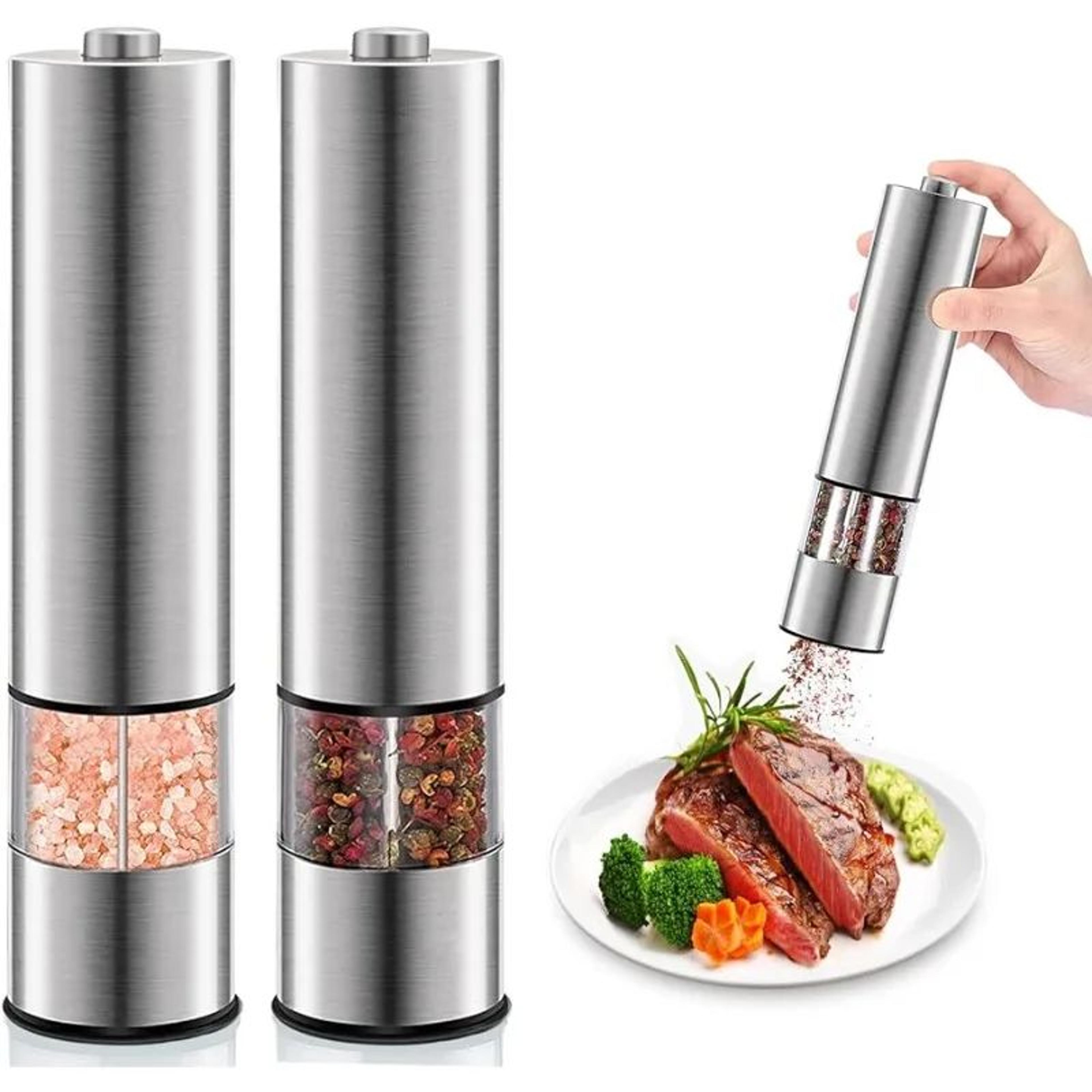 stainless steel electric salt and pepper grinder set – one-handed automatic mills with led light & 2pcs