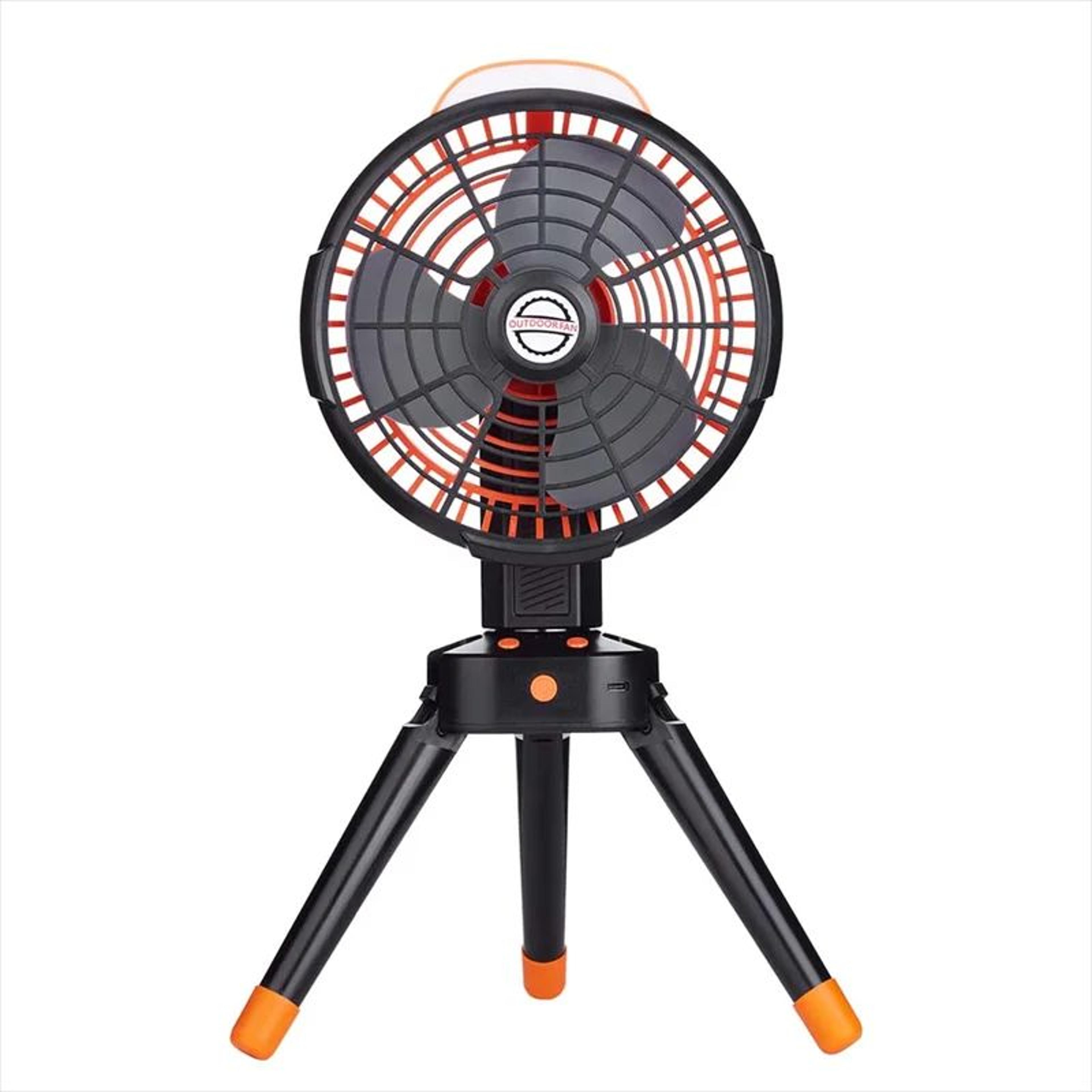 rechargeable camping fan with foldable tripod, 270° auto rotation & led light