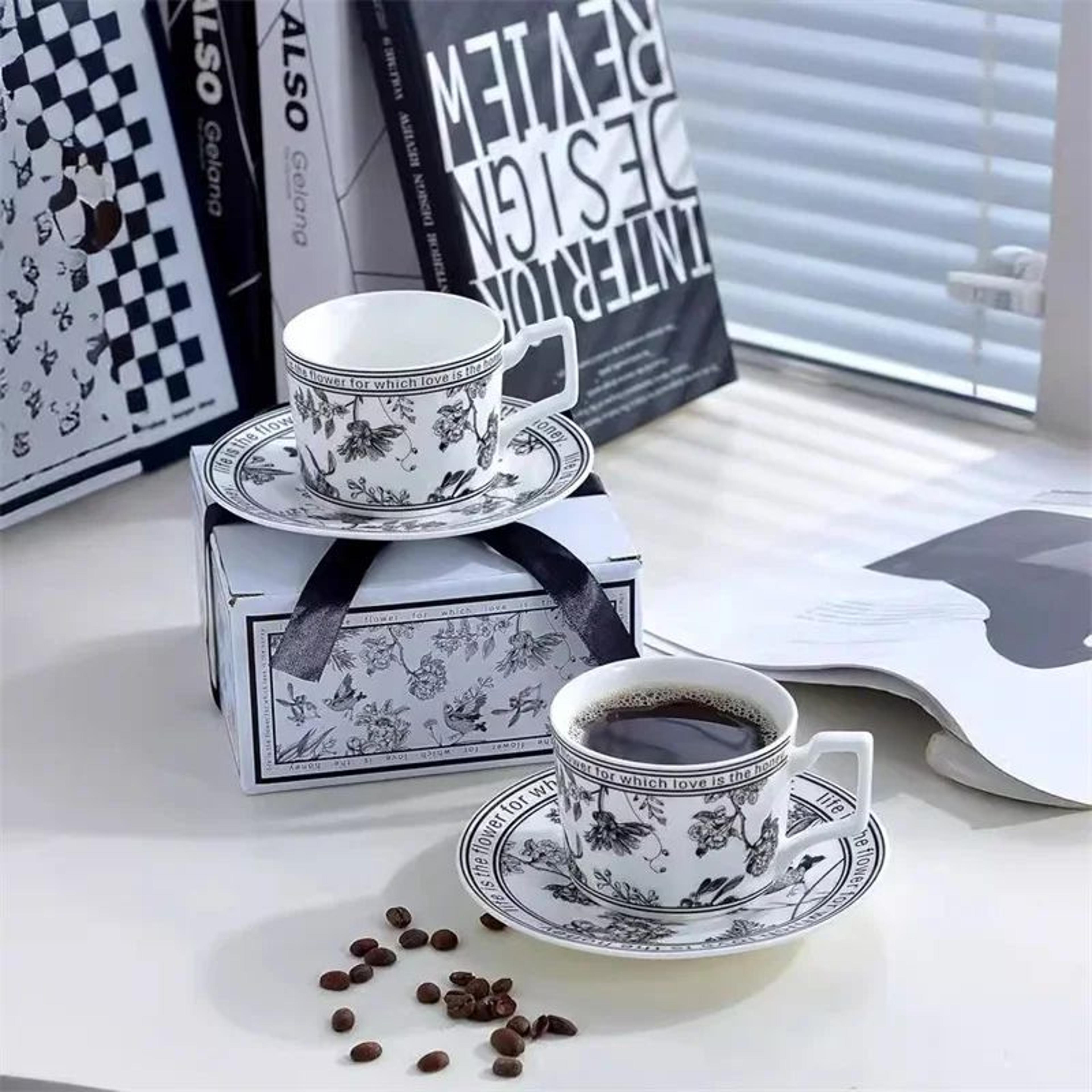 vintage floral bird ceramic tea cup & saucer set (200 ml) with dessert tray – elegant vintage tea cup set for coffee