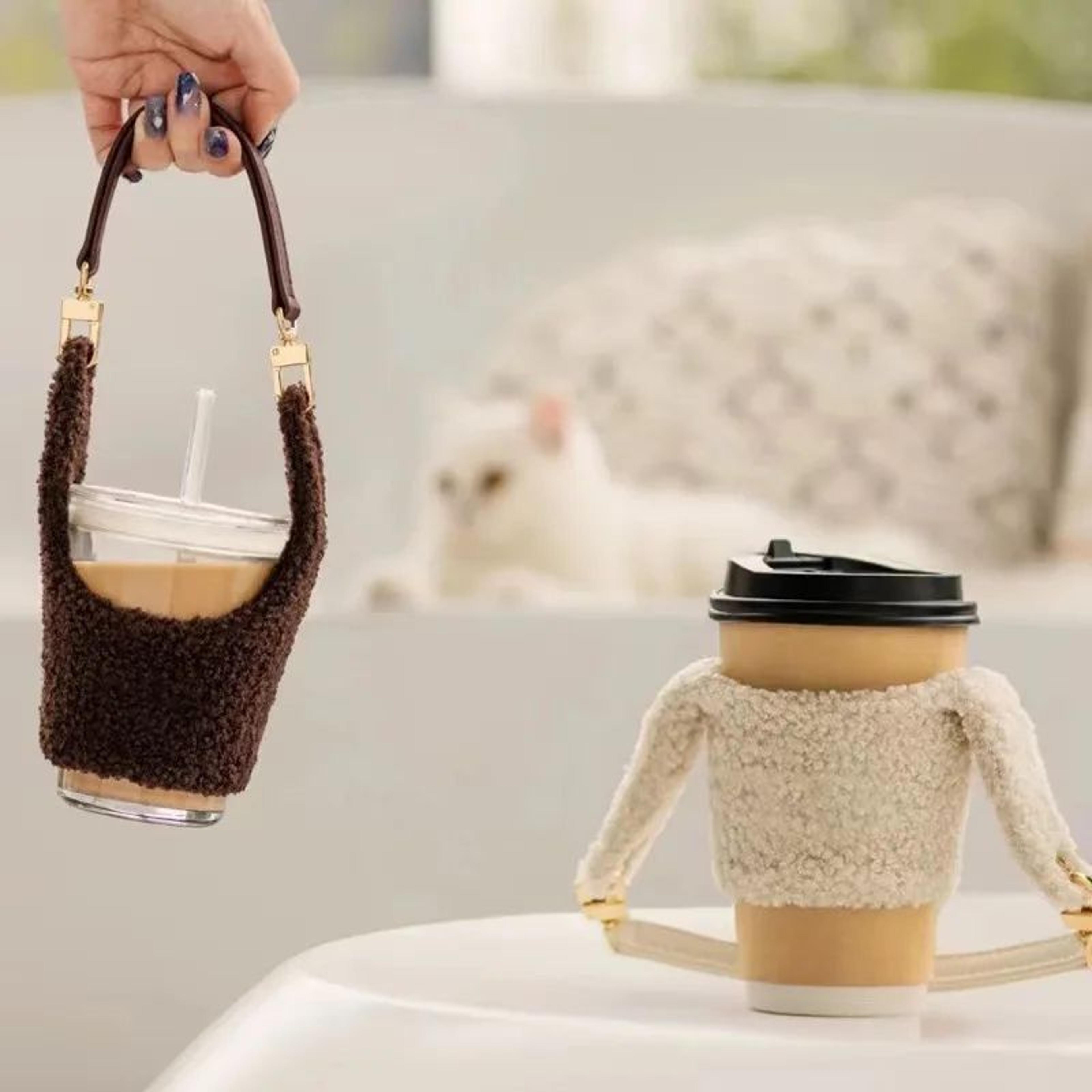 lamb plush cup sleeve with removable pouch, insulated cup holder for coffee cups & water bottles