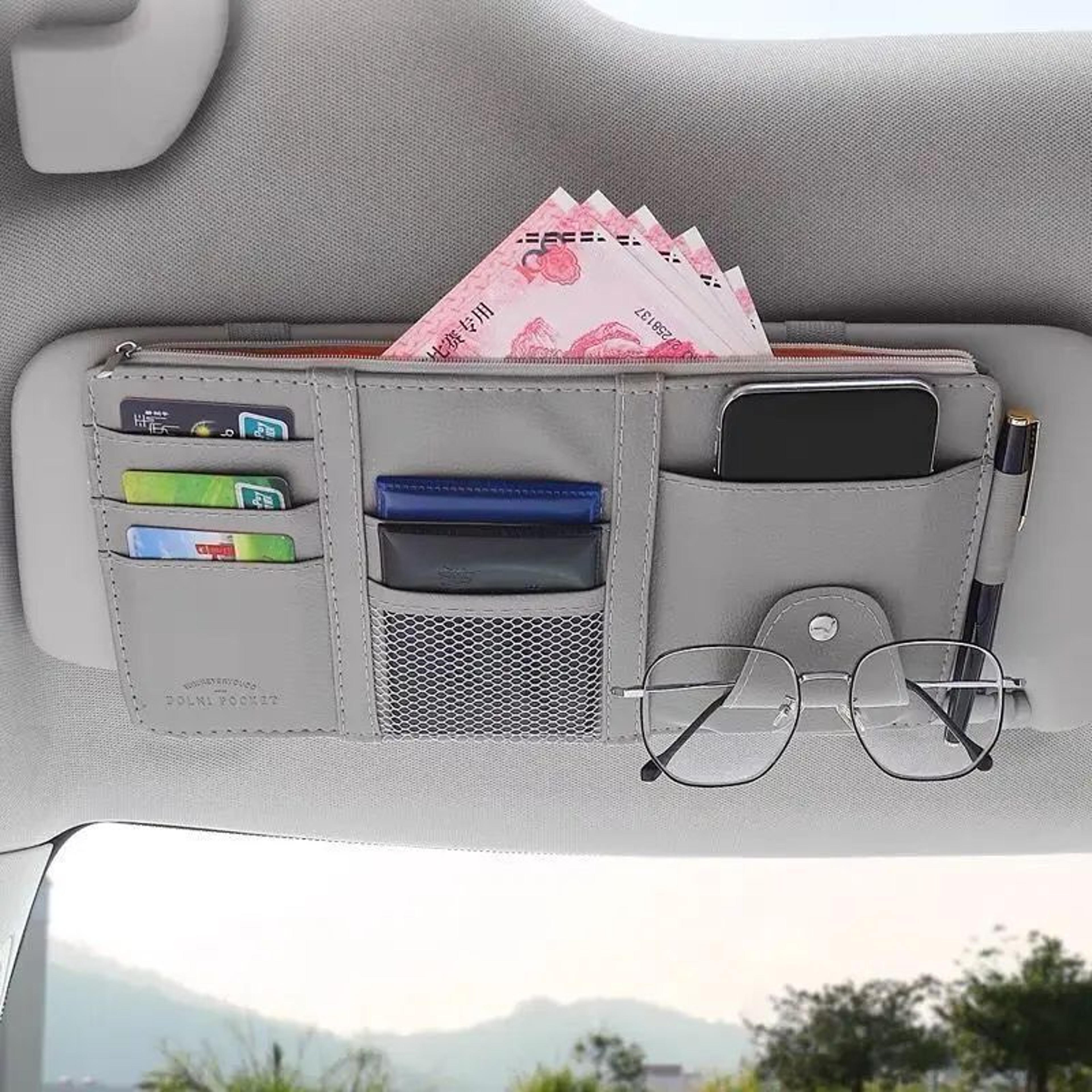 car sun visor organizer pouch with sunglasses holder & card slots (license, tickets, receipts)