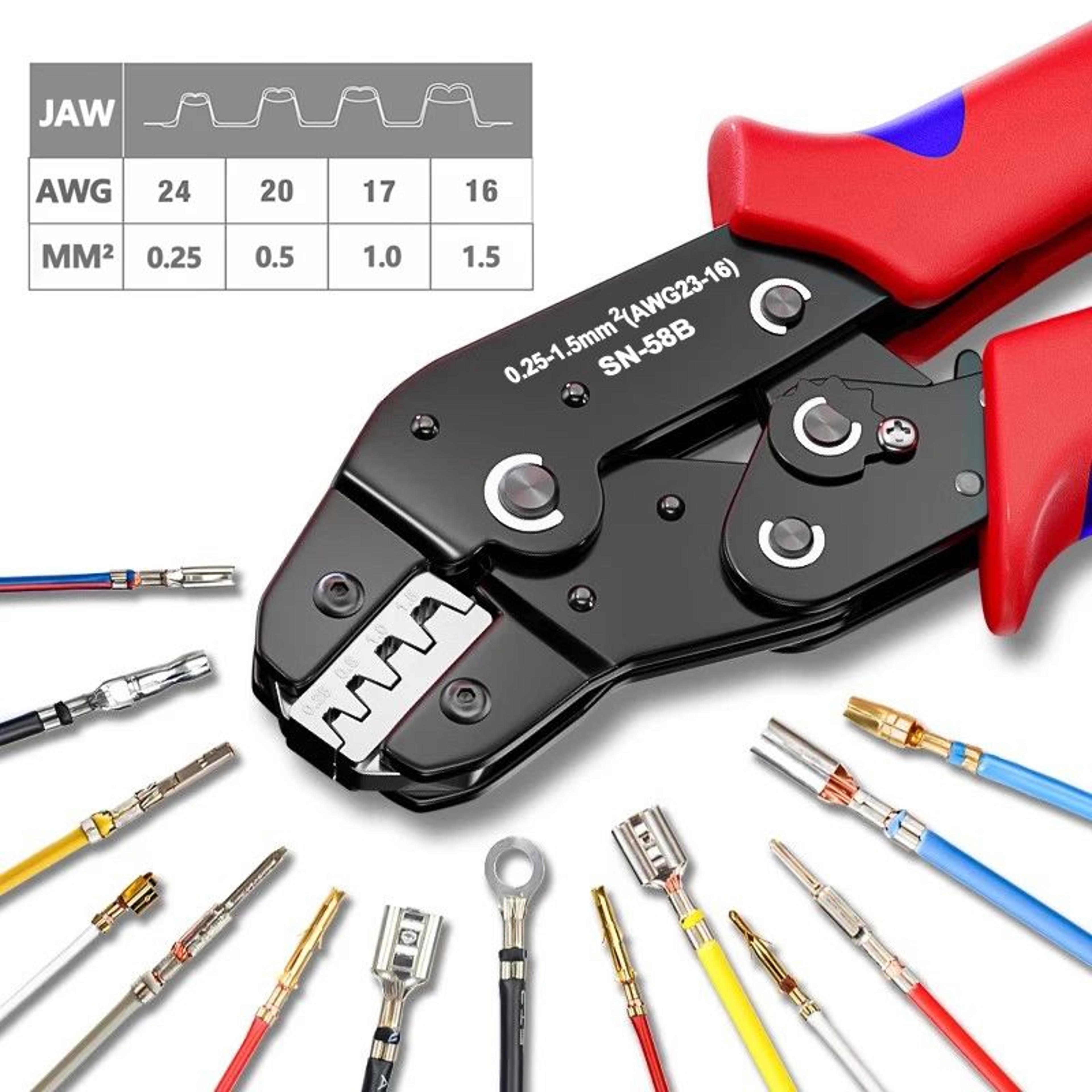 sn-58b open barrel crimping tool for dupont, jst & molex terminals (awg24–16)