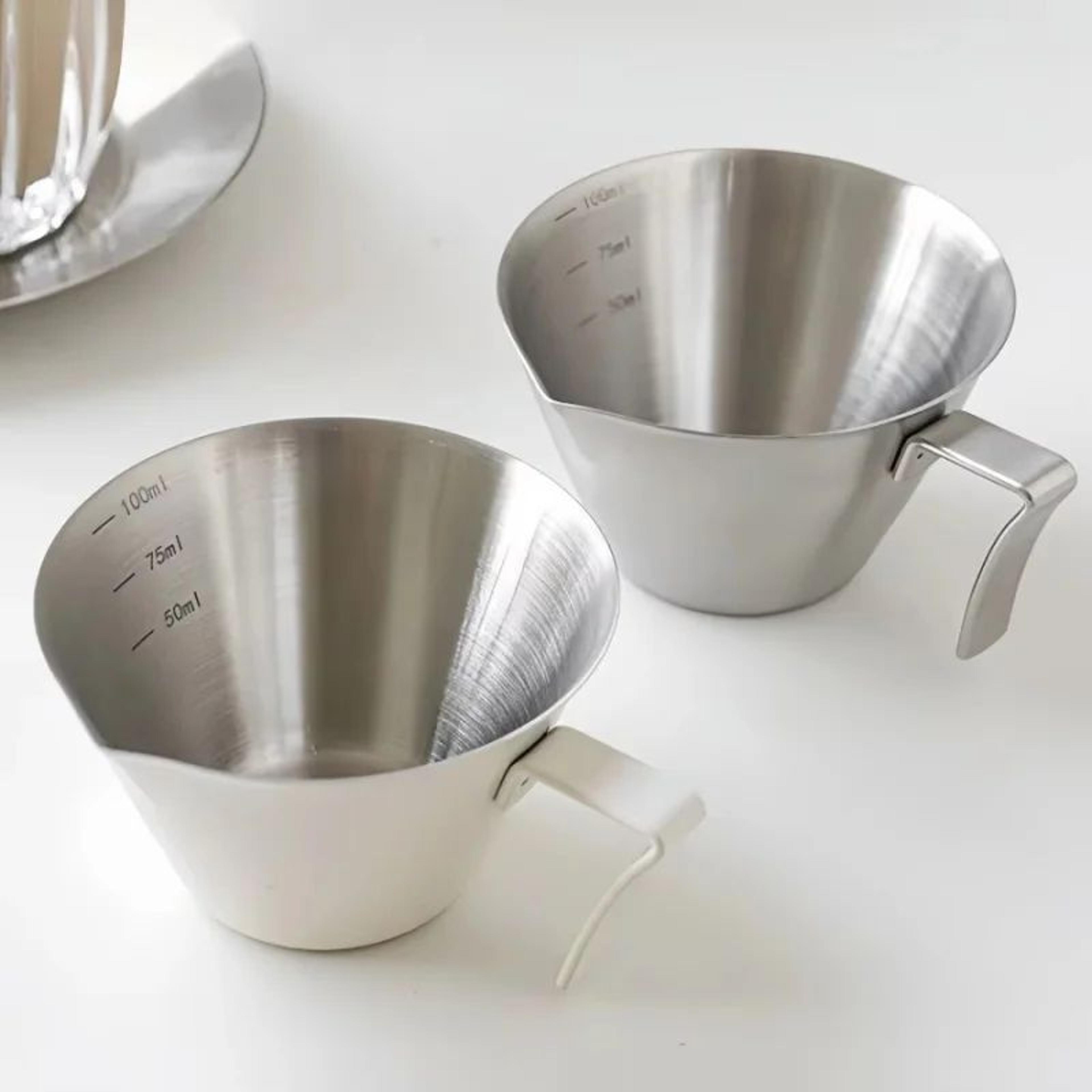stainless steel espresso shot measuring cup 100ml with dual scale and double spouts