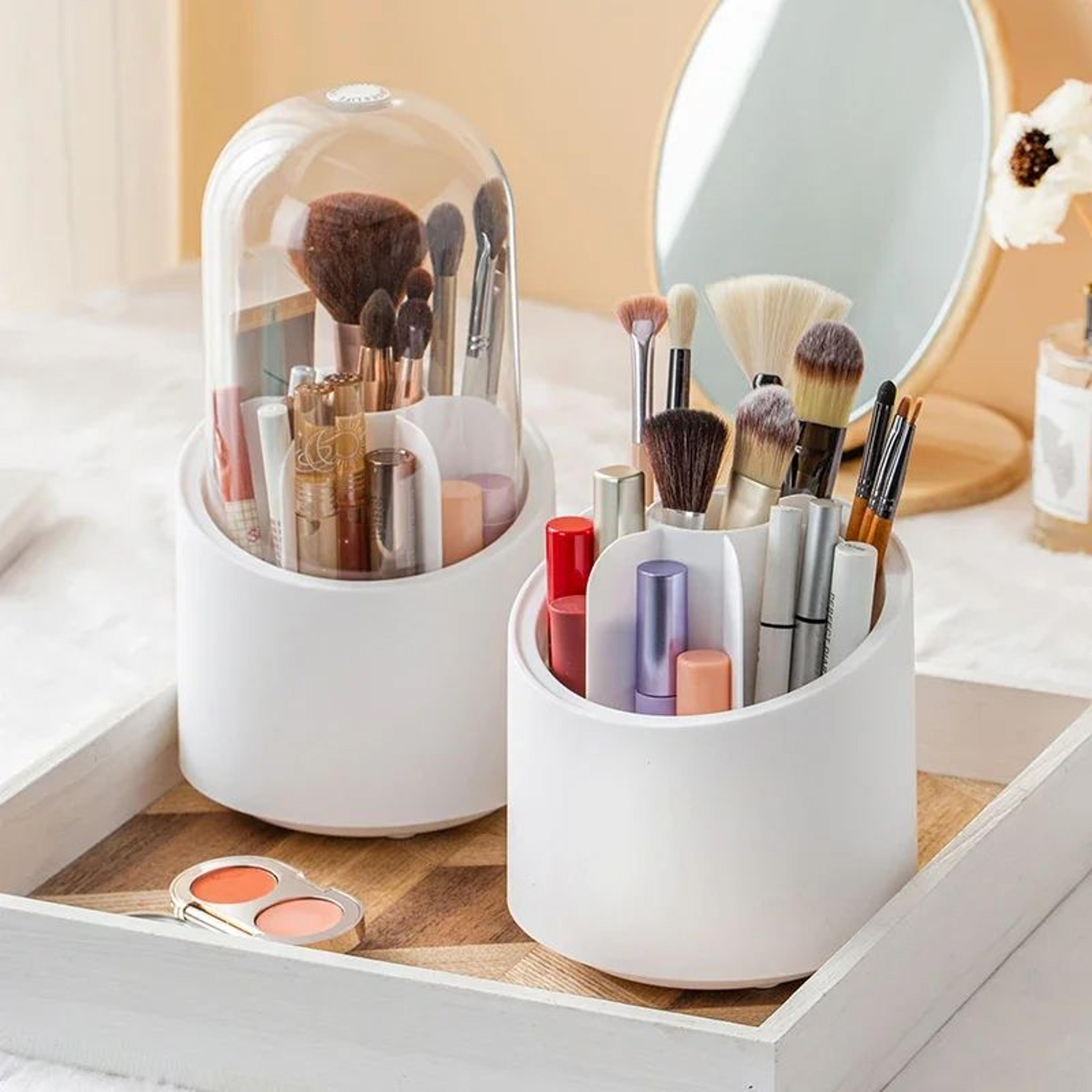 360 rotating makeup brush holder with lid - dustproof makeup organizer & cosmetic storage box for vanity