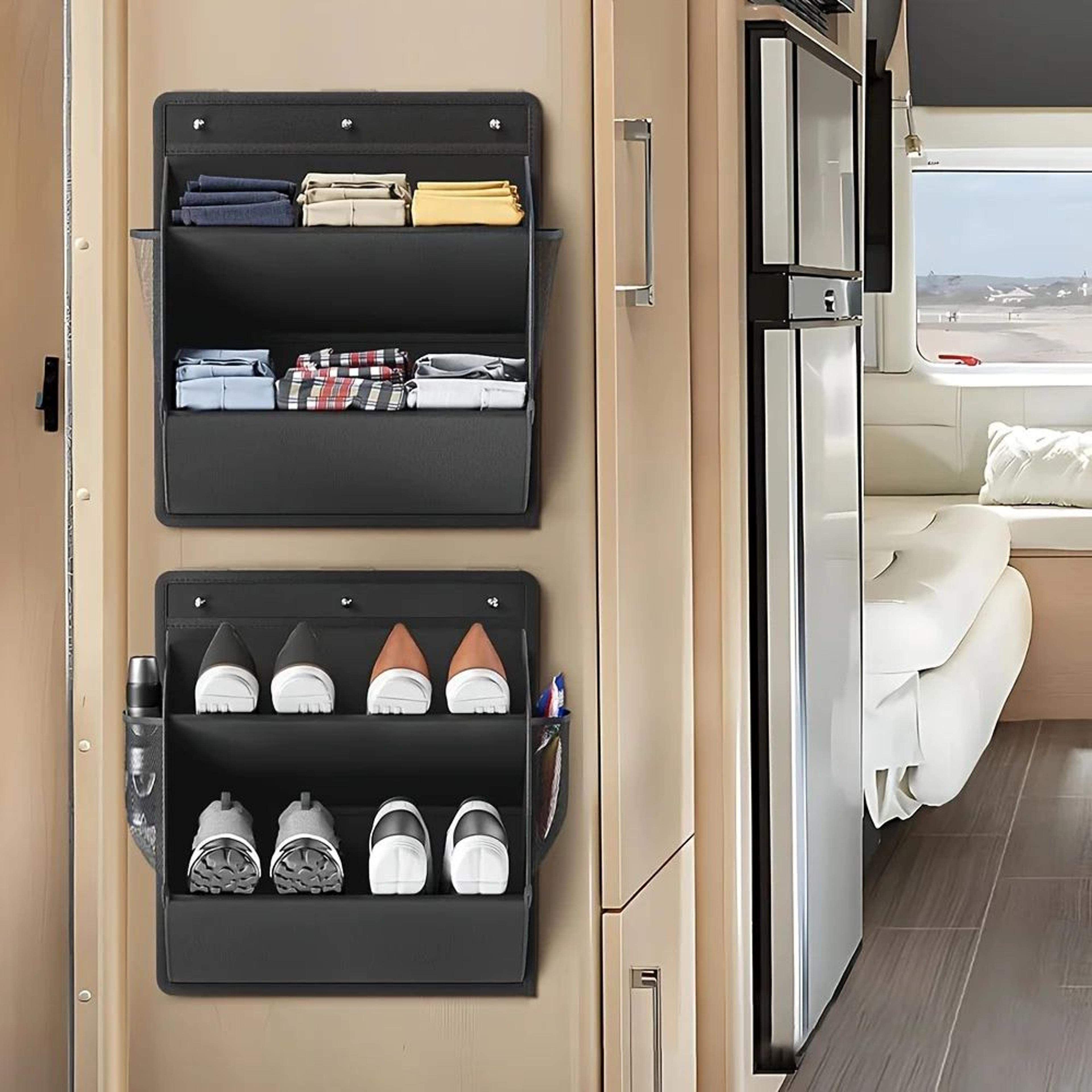 foldable wall mounted shoe organizer with adhesive pockets for rv, closet & small spaces