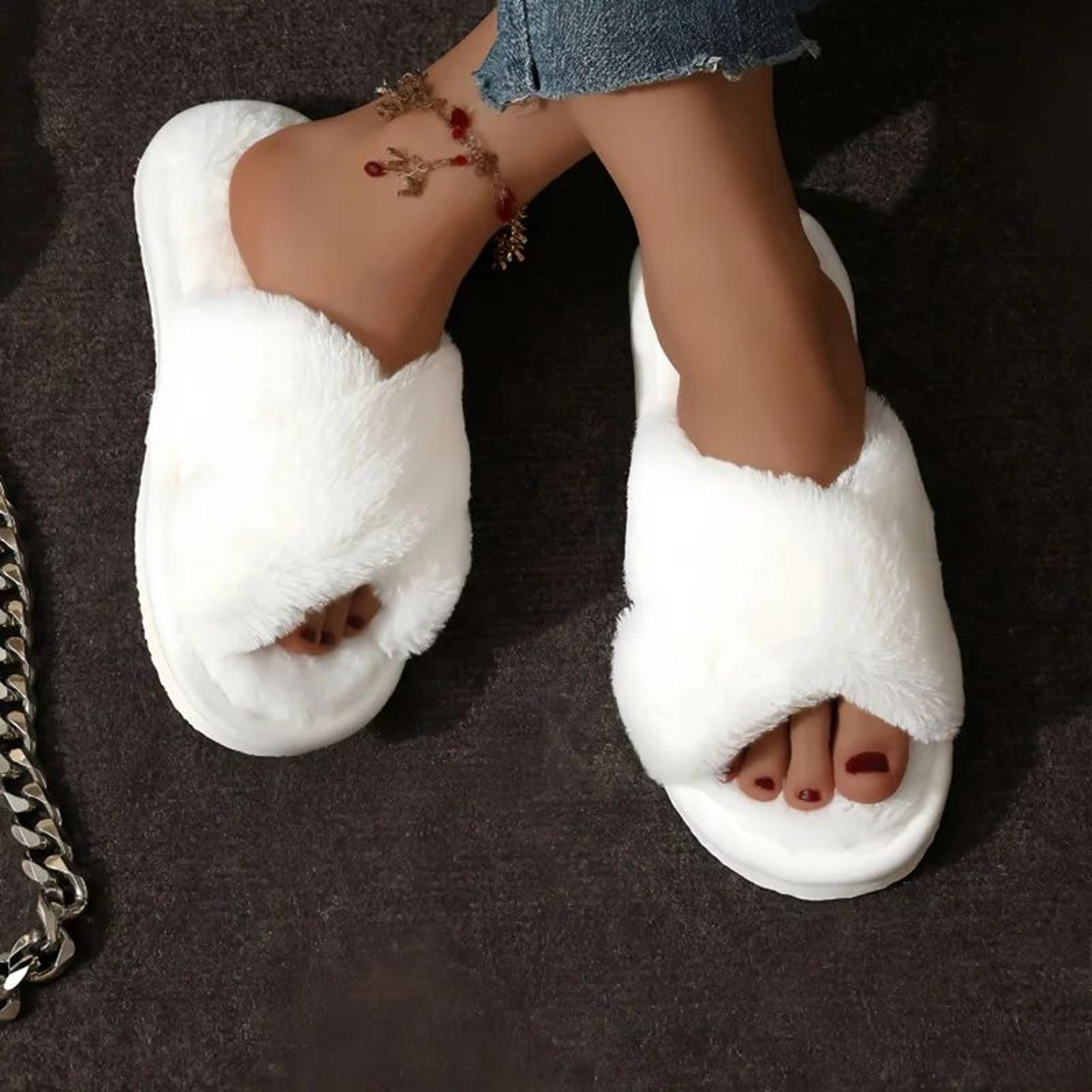 faux fur slippers cross-strap plush indoor slides for women (lightweight, warm, plus size)