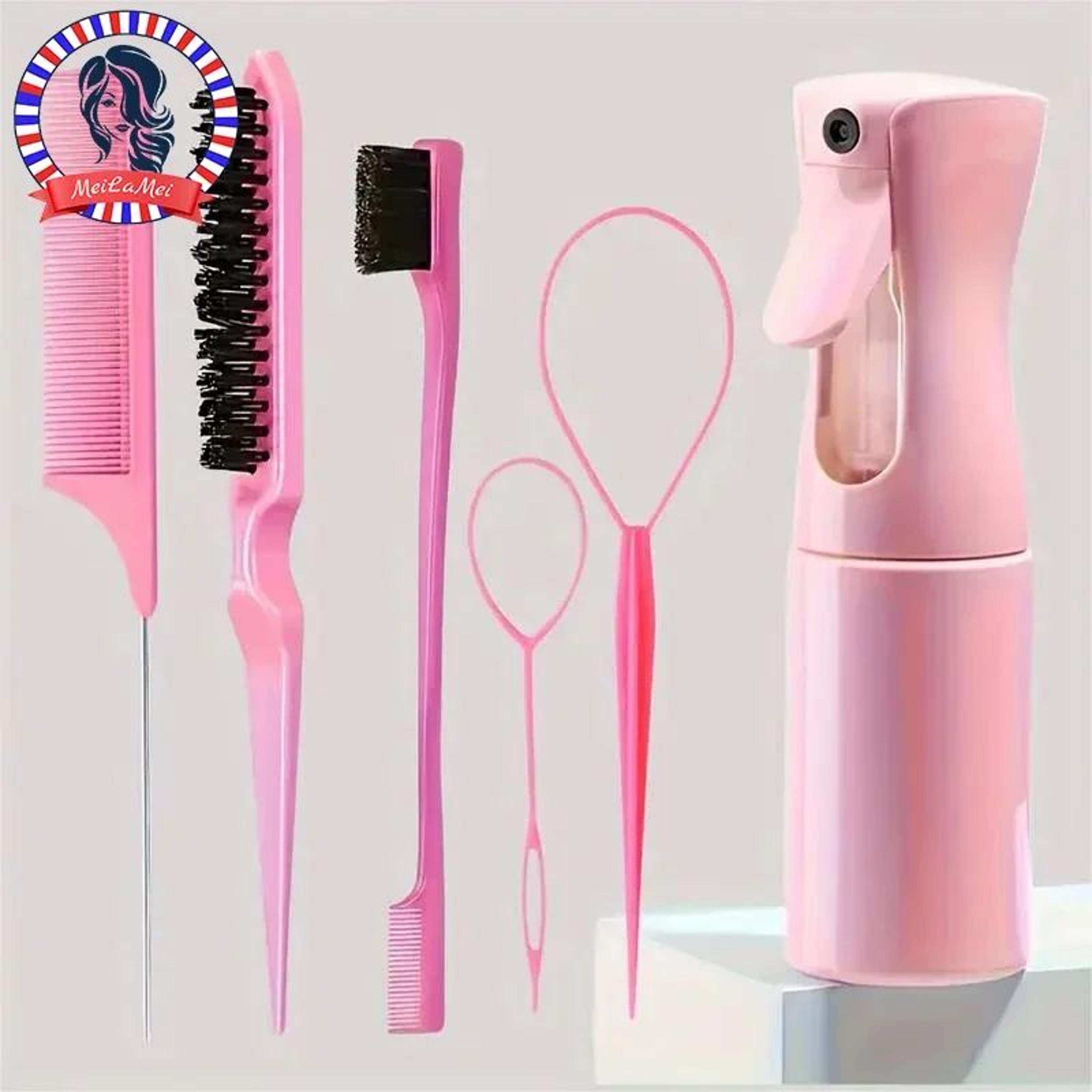 6-piece hair brush set with hair spray bottle, rat tail comb & edge control brush for sleek styling and braiding