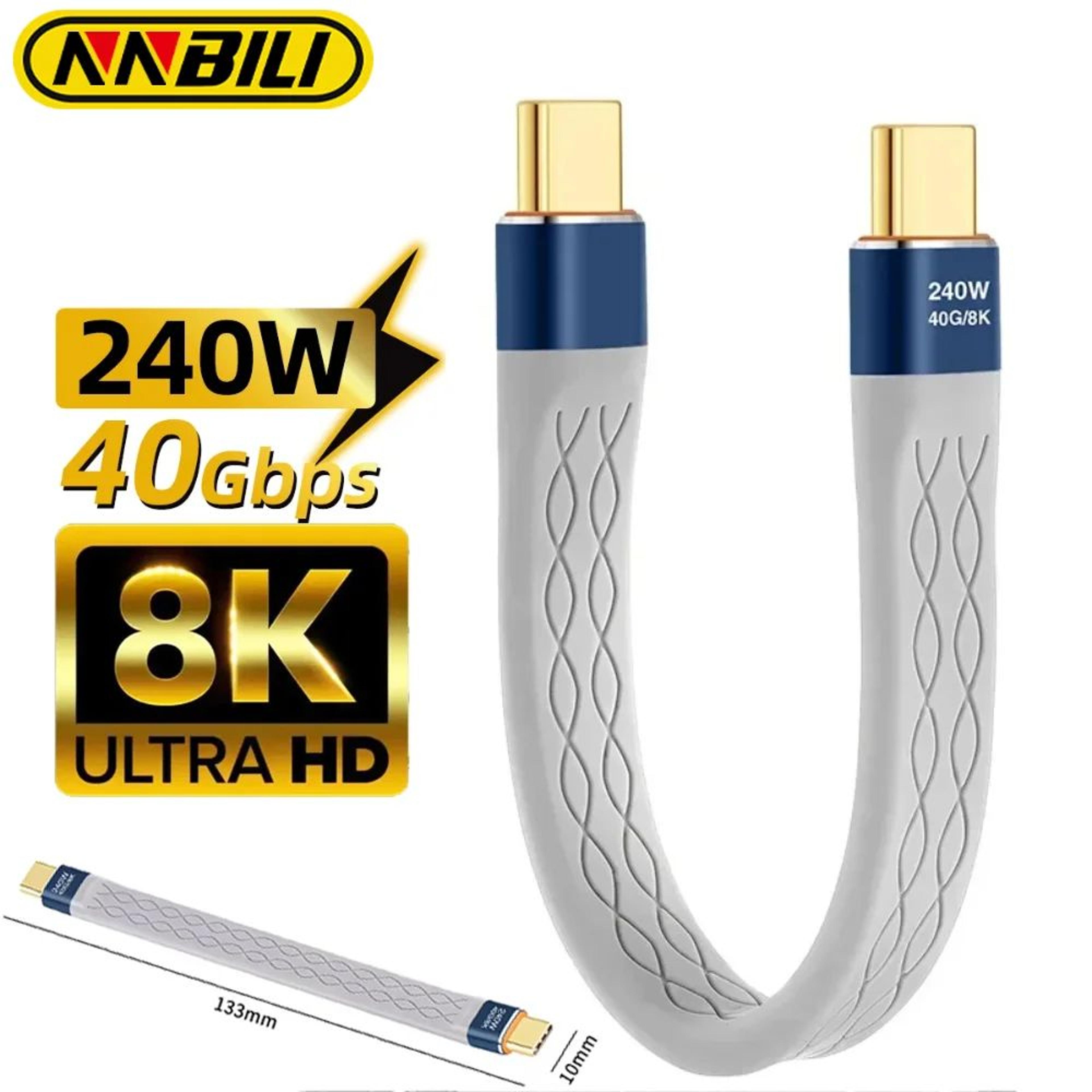 nnbili 240w usb-c to usb-c cable short 5.12-inch flat usb4 40gbps 8k fast-charging extension cord