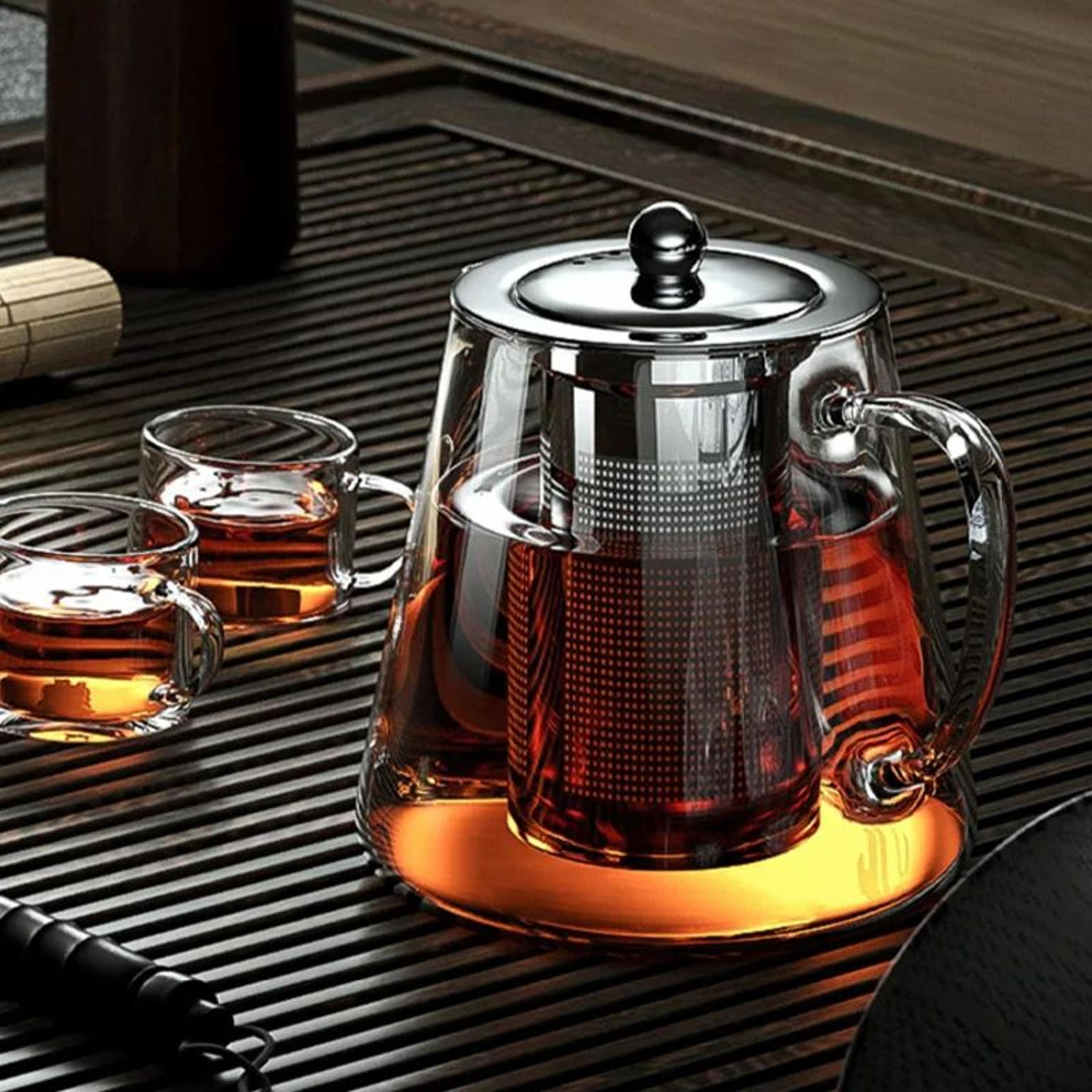 heat-resistant borosilicate glass teapot with infuser and stainless steel tea strainer
