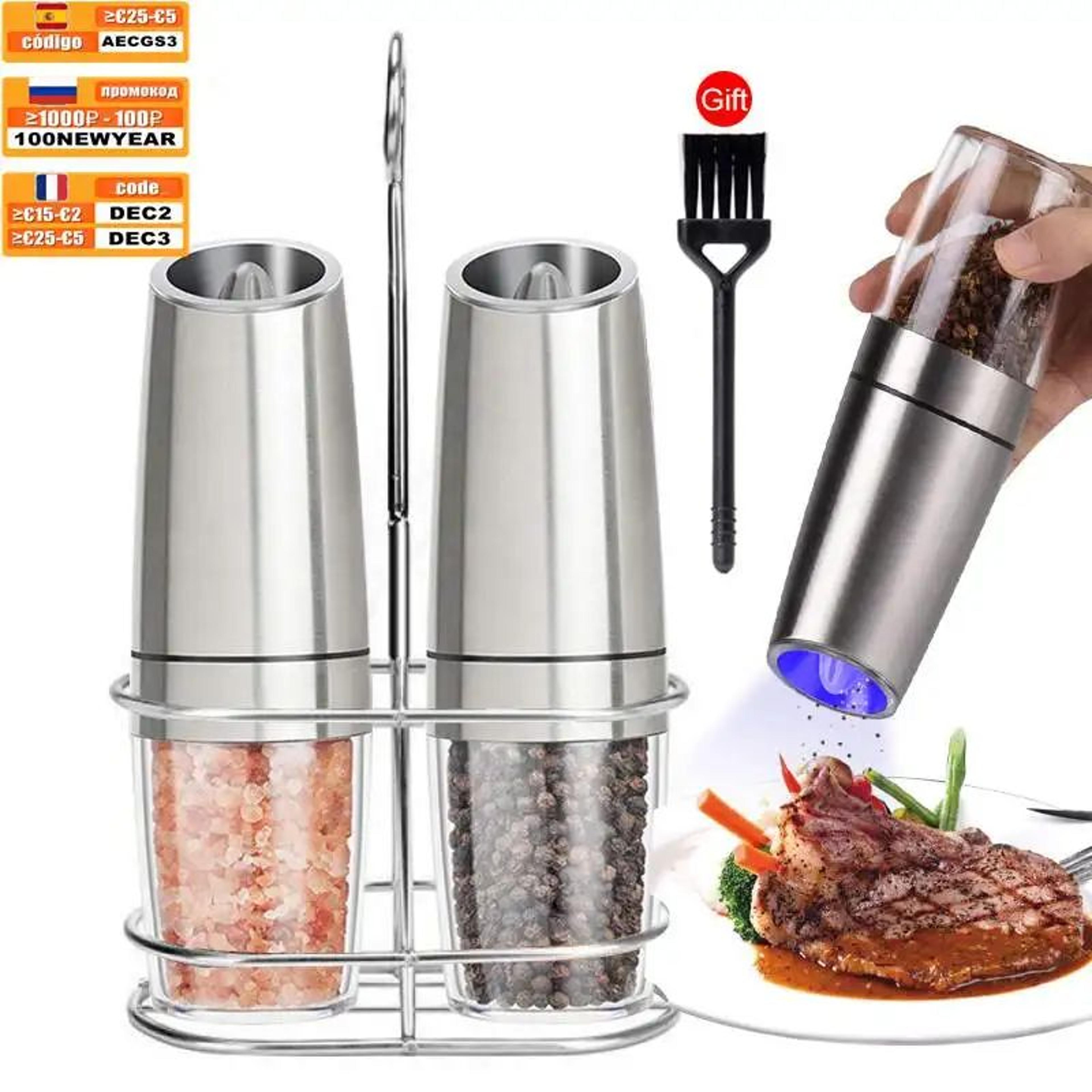 gravity electric pepper mill set with led light - automatic salt and pepper grinder set for one-hand seasoning