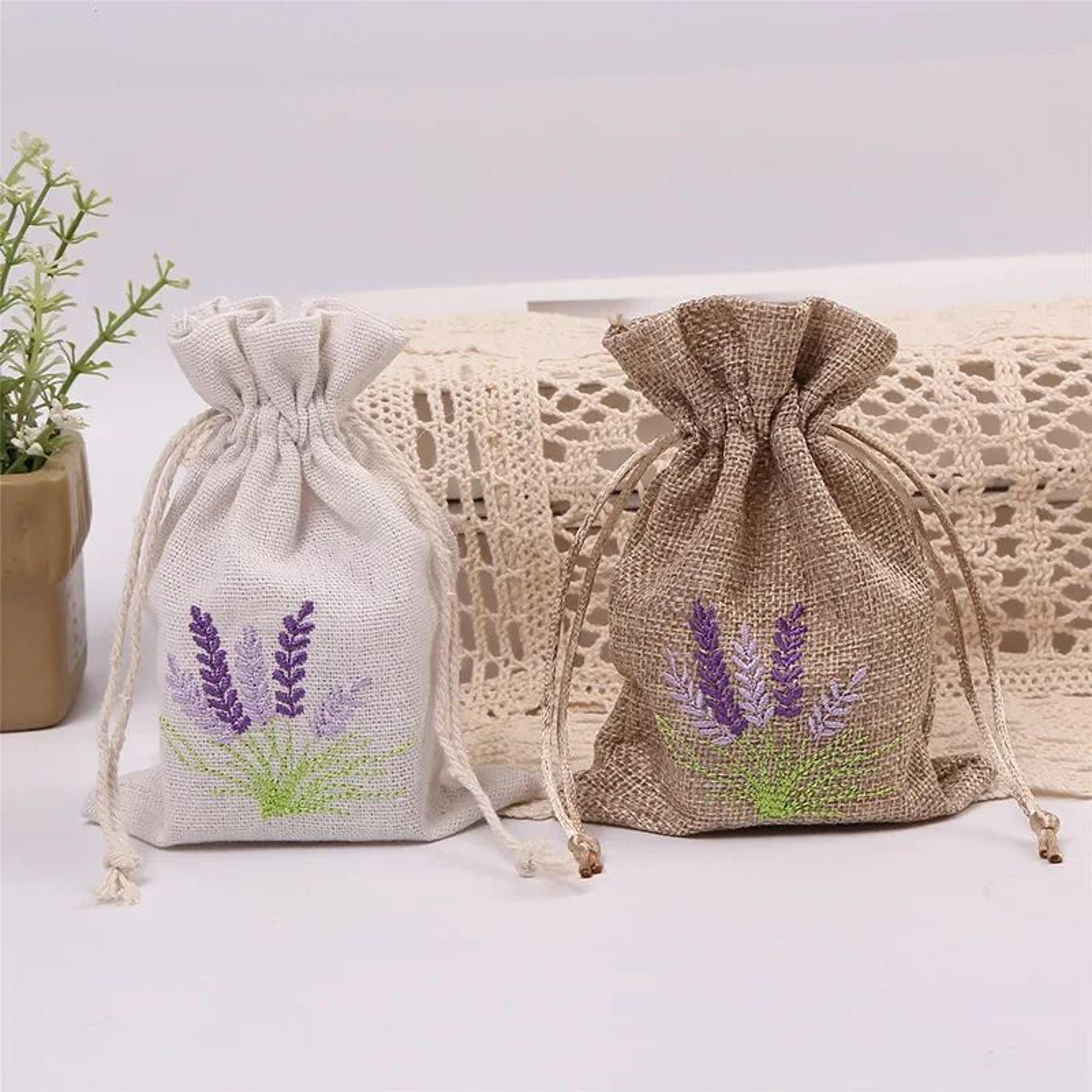 lavender embroidery-print linen-style gift bags (3.9 x 5.5 in) for wedding favors & small gift packaging