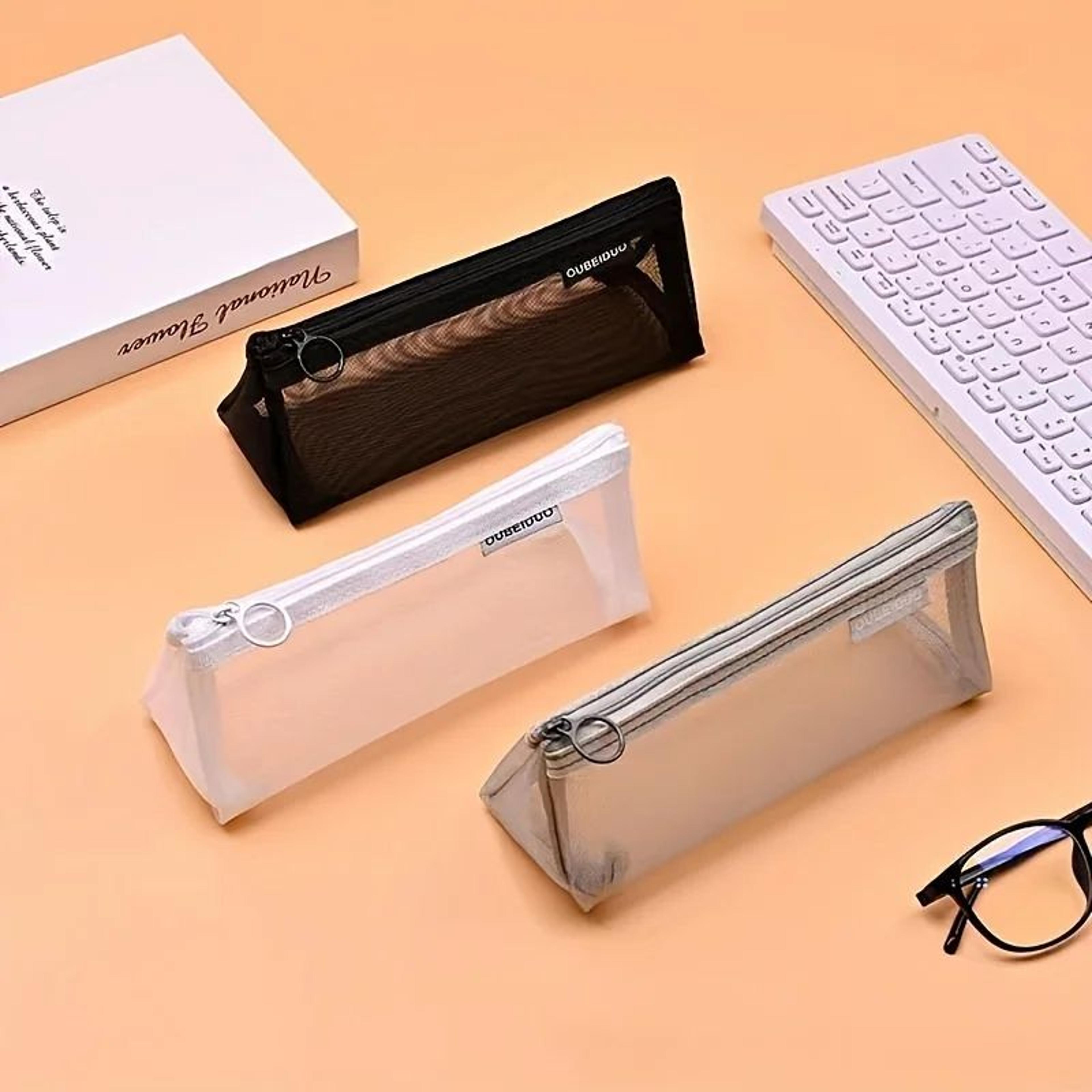 transparent mesh pencil case zipper pouch, kawaii stationery organizer for school & office