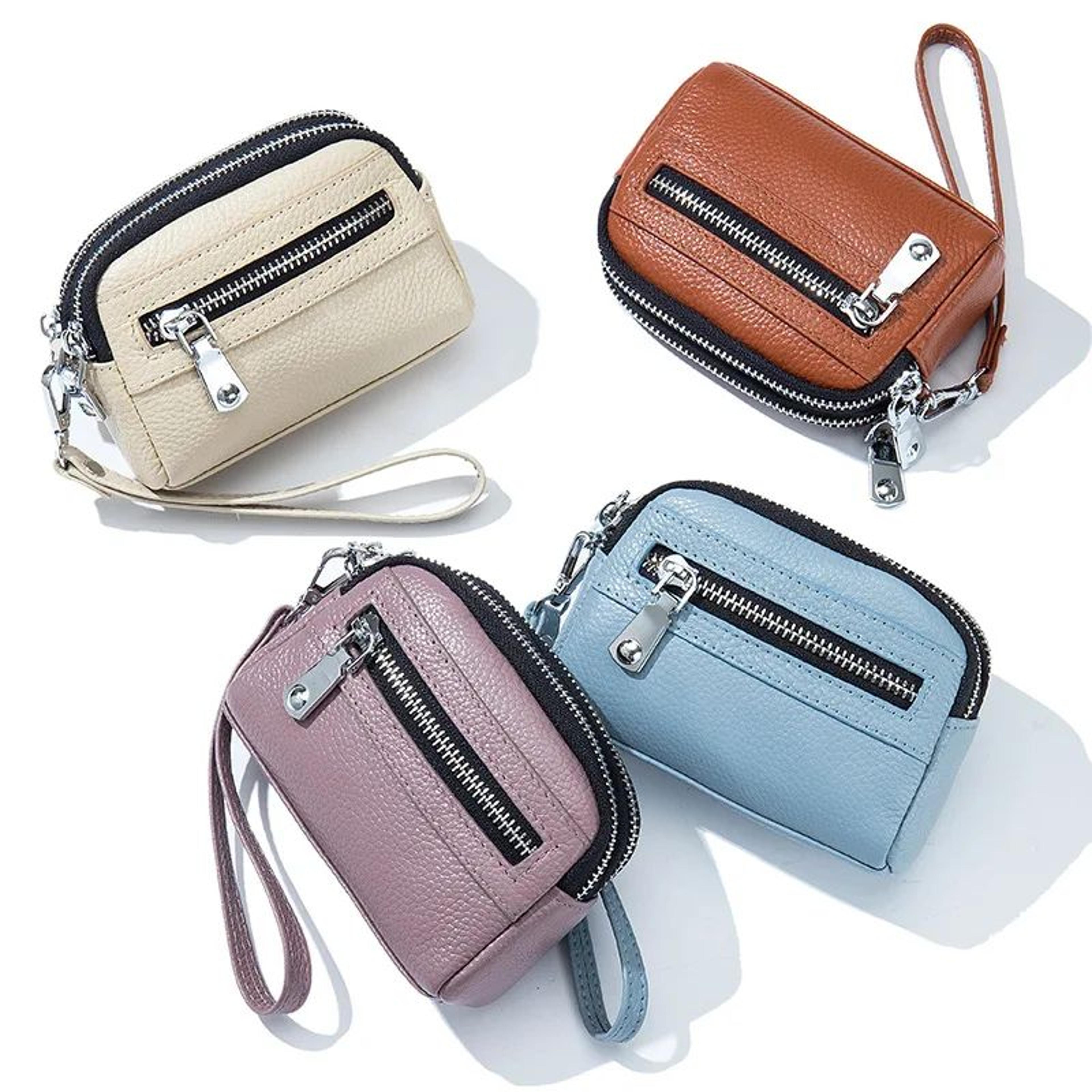 genuine leather double-zip wristlet wallet for women, large capacity card holder & coin purse