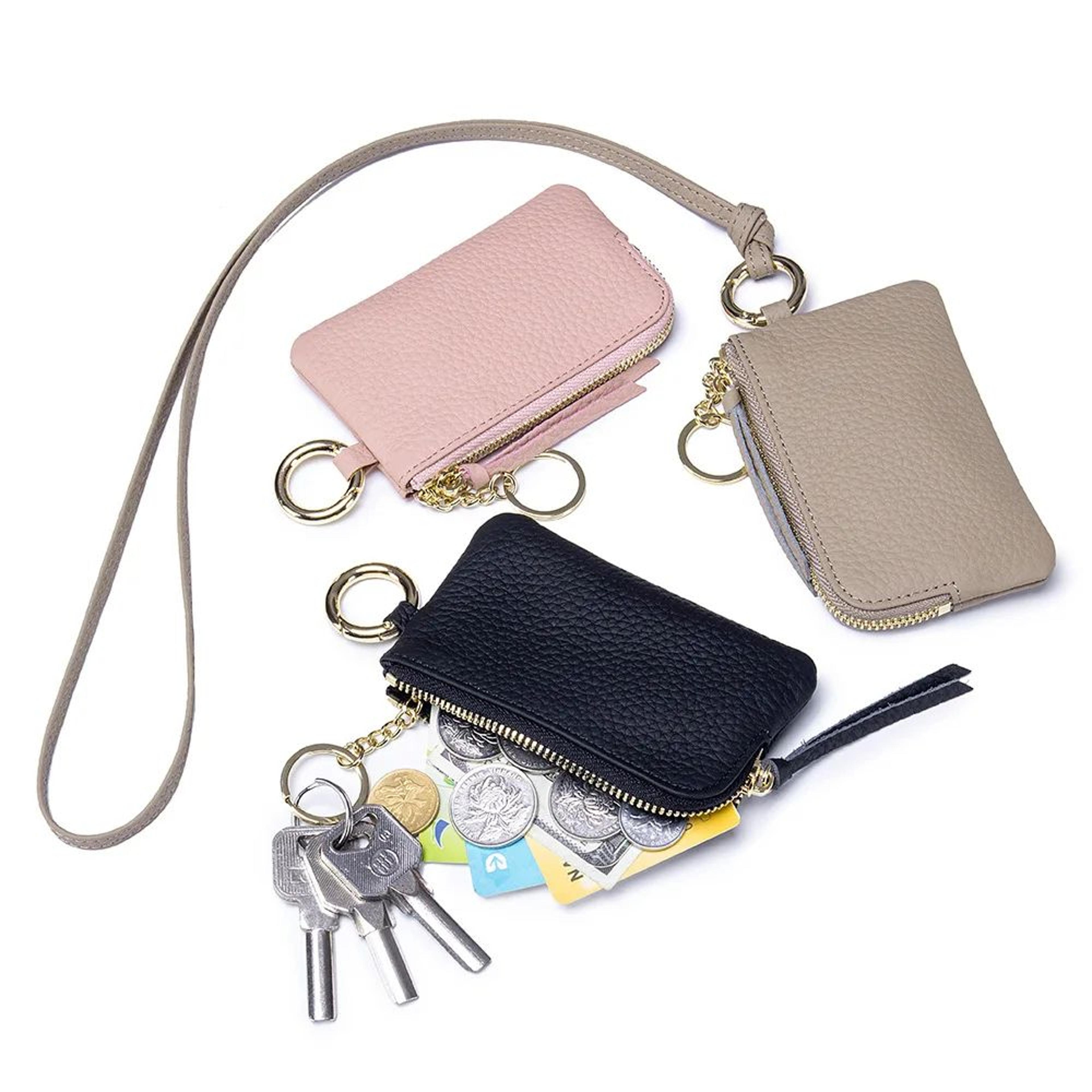 genuine leather keychain wallet mini card holder with zipper coin pouch