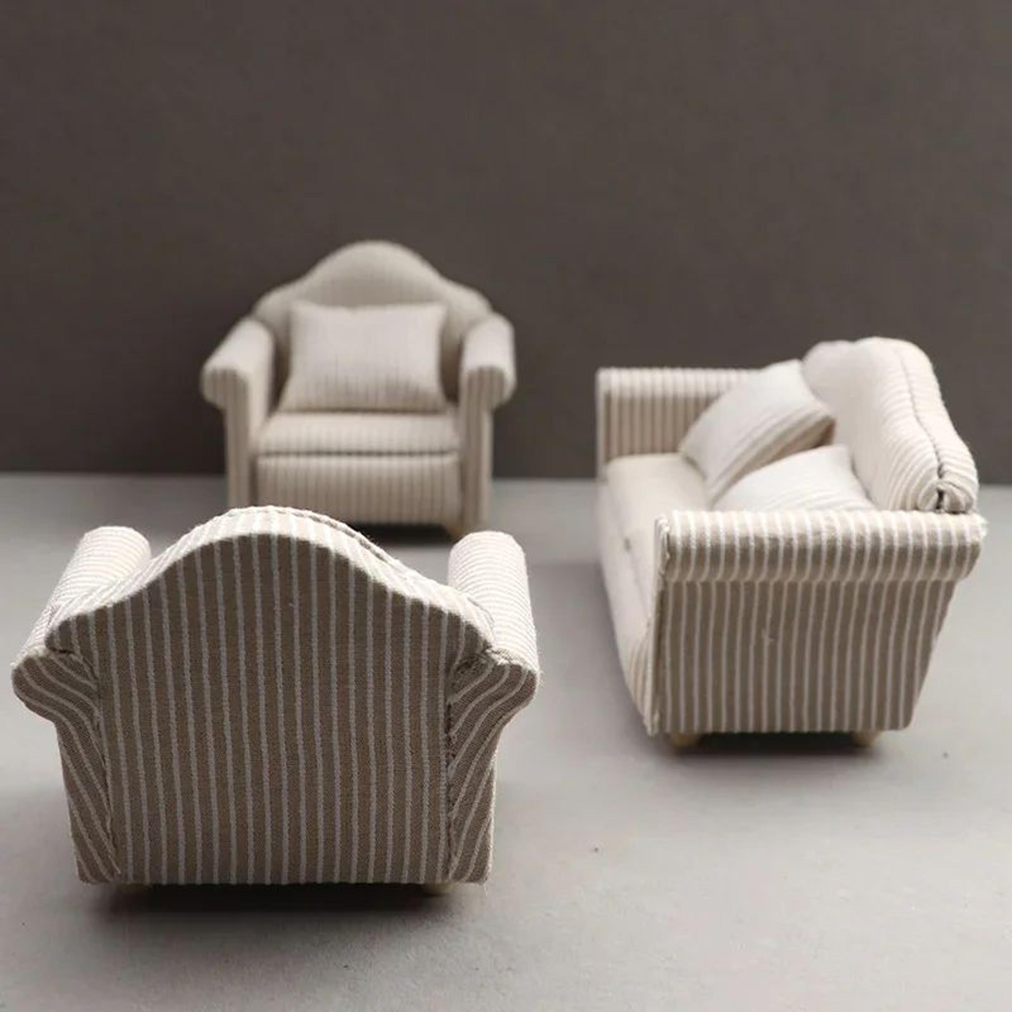 cozy neutral dollhouse mini sofa set with pillows for miniature living room decor