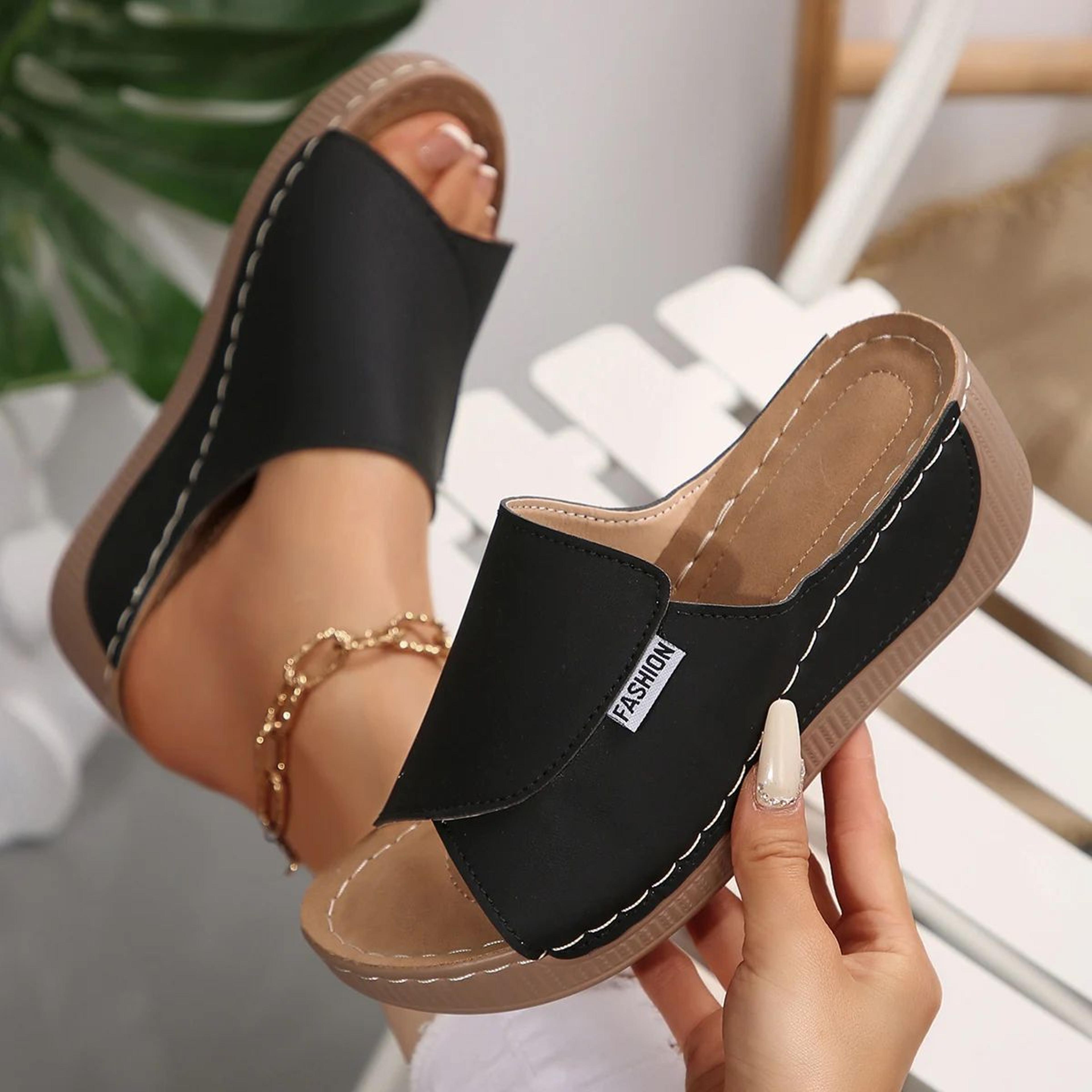 womens wedge slippers - open toe wedge sandals with adjustable buckle, breathable summer slides
