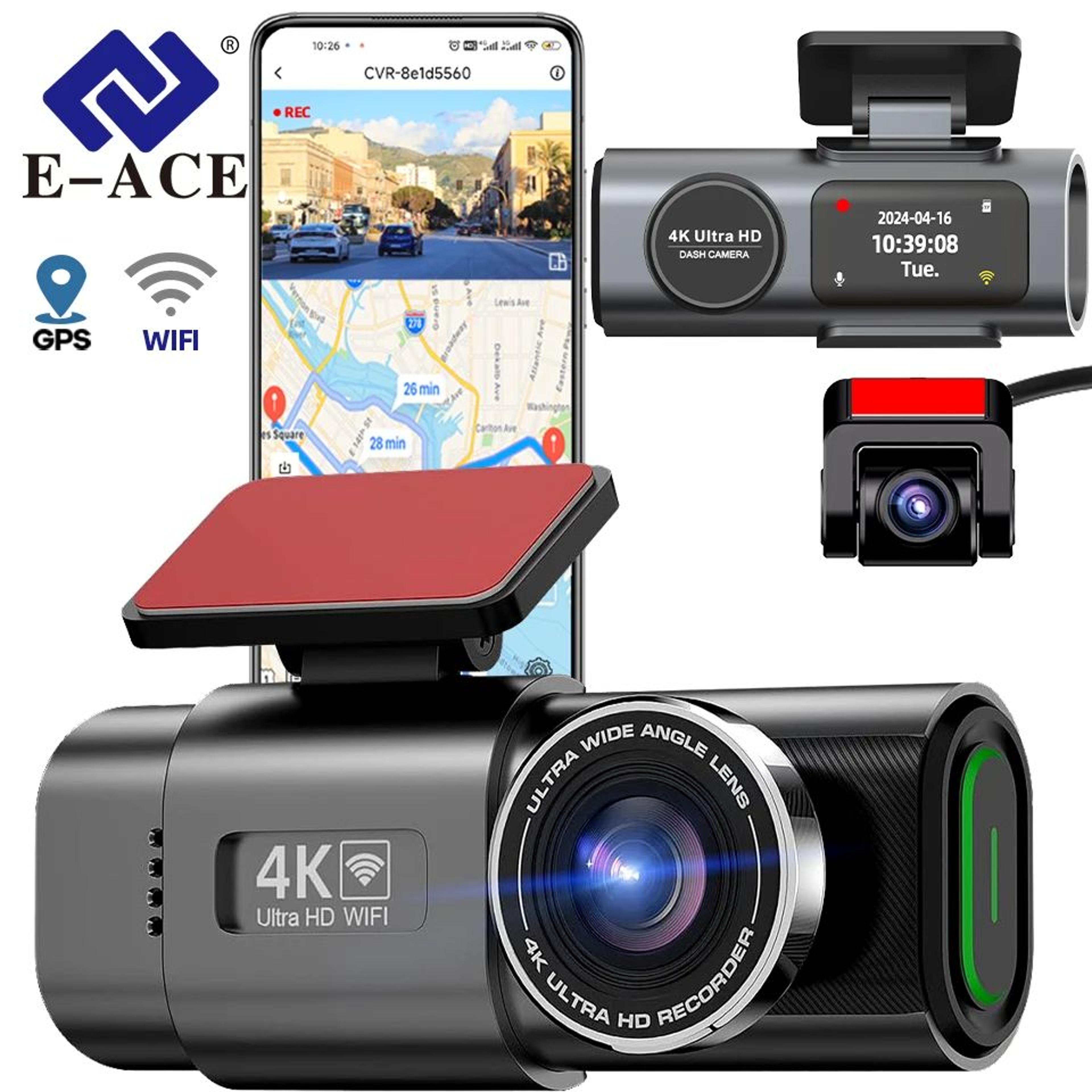 e-ace 4k dual lens dash cam with gps & wi-fi – front & 1080p rear car camera with 24h parking monitor